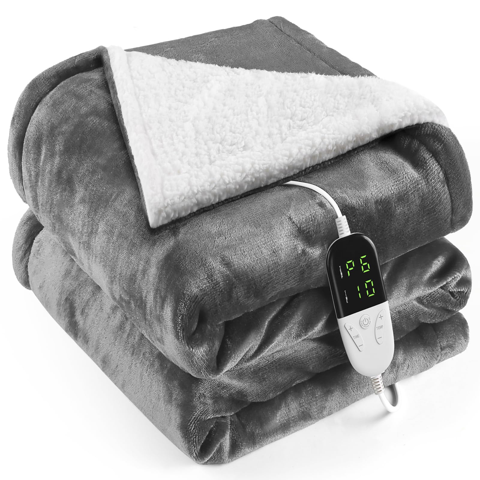 OneAmg Coperta Termica Elettrica,155x180cm 6 Livelli di Riscaldamento,Timer 10H,Spegnimento Automatico Della Coperta Elettrica -con Telecomando Digitale,Lavabile in Lavatrice,Plaid Riscaldabile Grigio