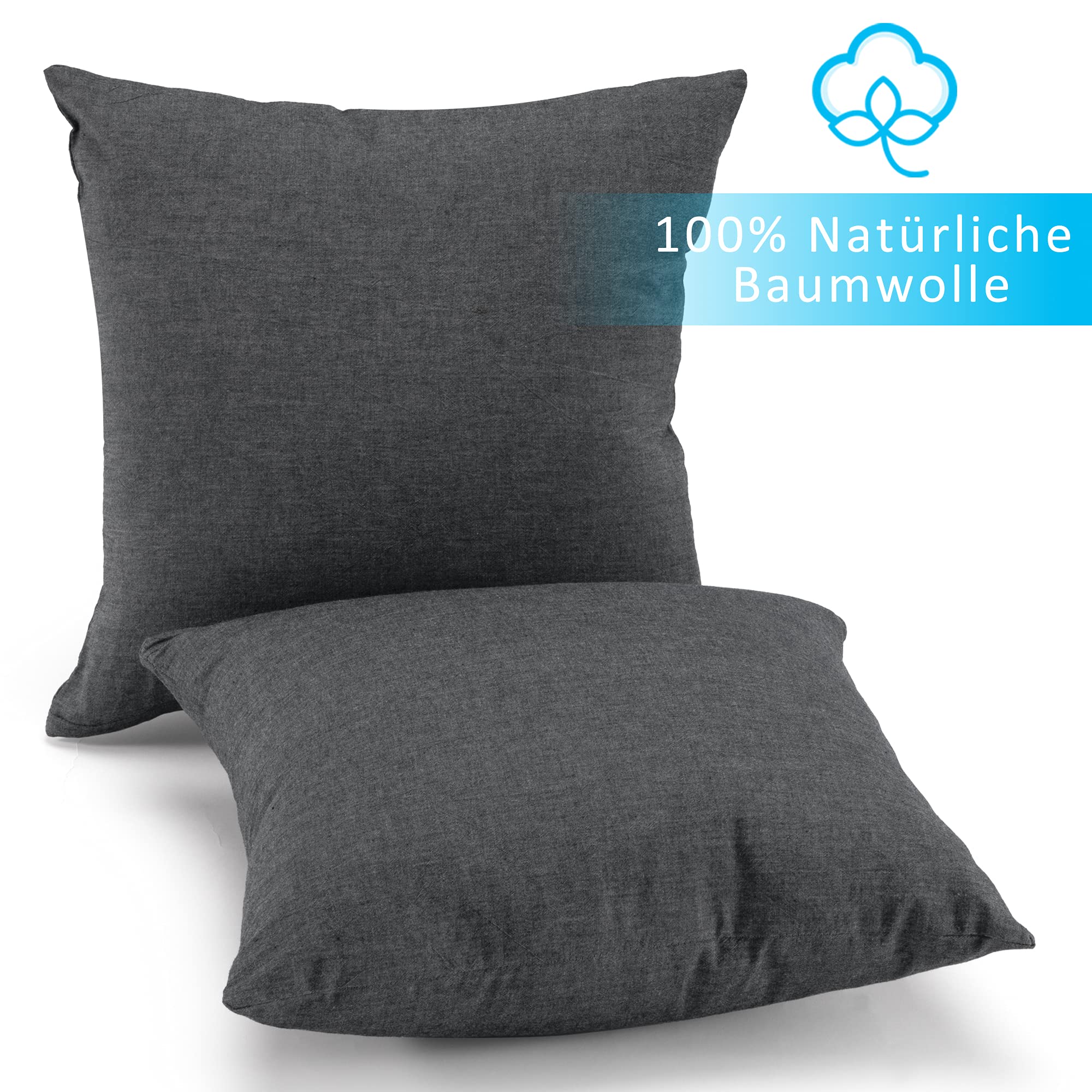 ATsense Set Di 2 Federe Cuscino 40x80 Cm, 100% Cotone Lavato, Grigio Scuro, Con Cerniera, OEKO-TEX