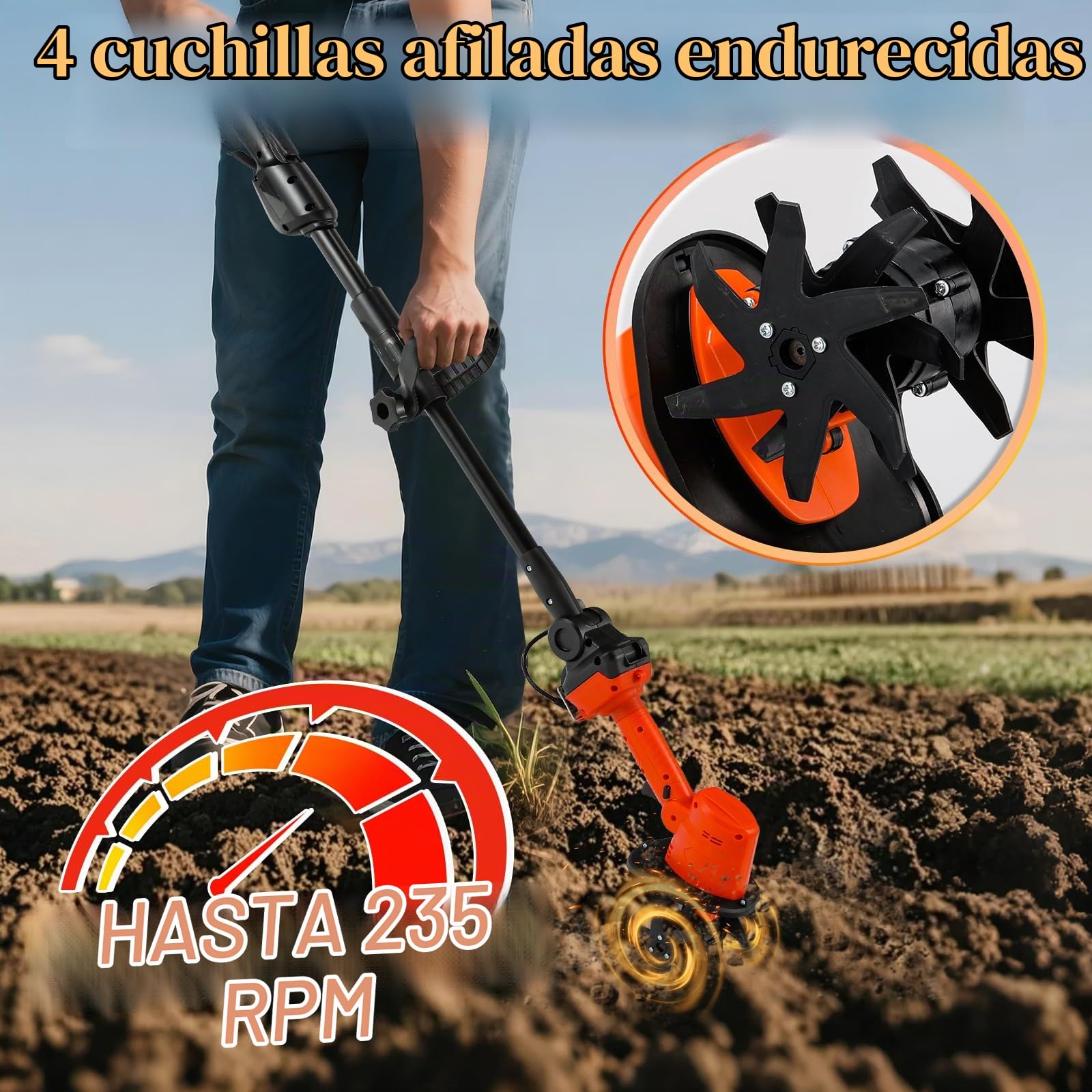 Moongiantgo Cultivador Inalámbrico 2 en 1 Doble Batería 21V, 2×1500 mAh | Diseño Portátil/Mango Extensible con 4 Hojas de Acero, para Desmenuzar el Suelo, Deshierbar, 10cm Profundidad/Anchura