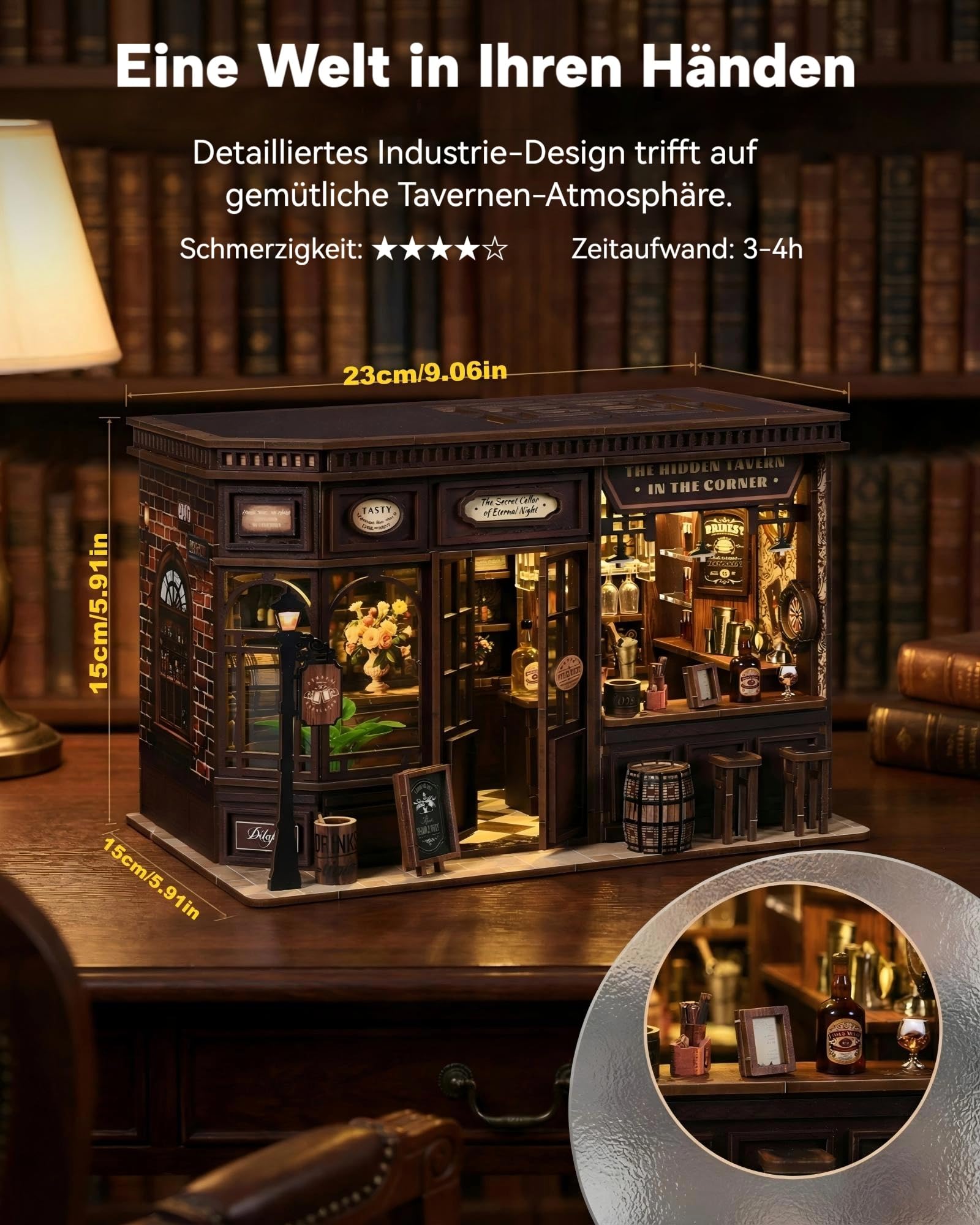 Book Nook Kit Taverne DIY Holz – 3D Puzzle Miniatur Haus mit LED Licht & Touch Sensor – Vintage Kneipe Bücherregal Deko & Buchstütze – Einsteigerfreundlich Geschenk für Erwachsene (Taverne)