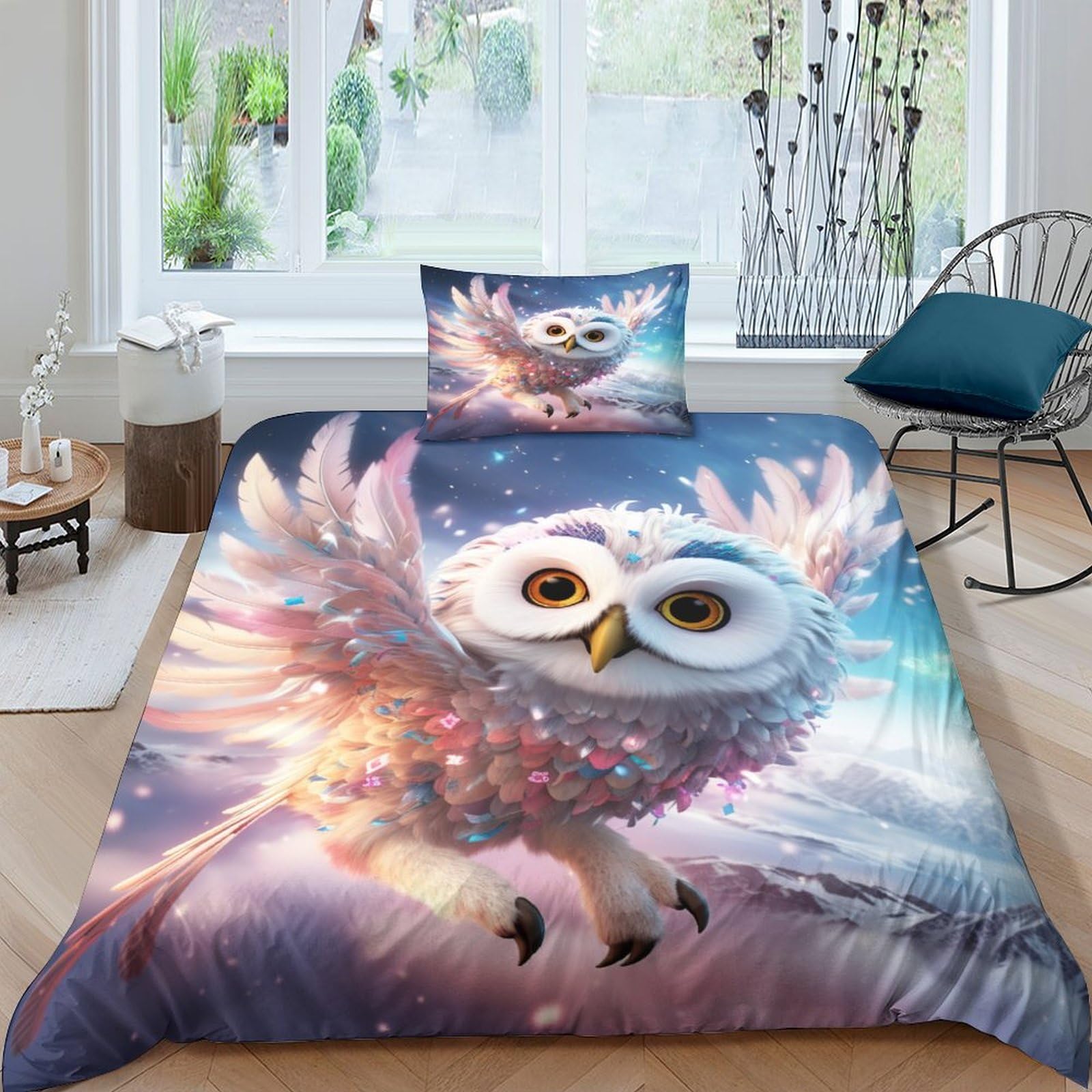 Housse de couette 3D animaux volants parure de lit 135x200 microfibre zippée