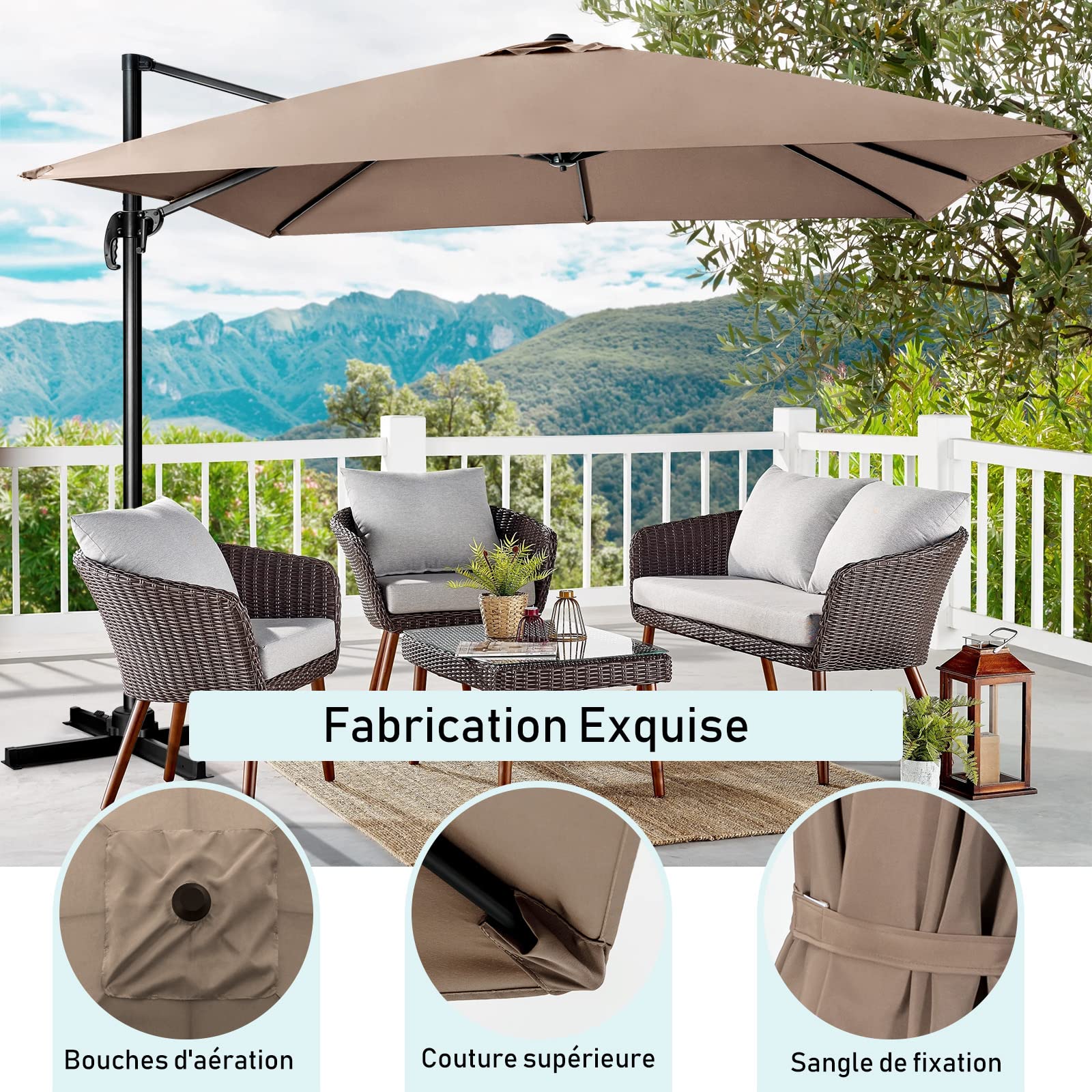 GOPLUS Parasol de Jardin Exterieur, Parasol Déporté 3x3M, avec Toile Inclinable à Double Couche, Manivelle, 8 Baleines, Rotation à 360°, Anti-UV, pour Balcon Terrasse Patio, Café