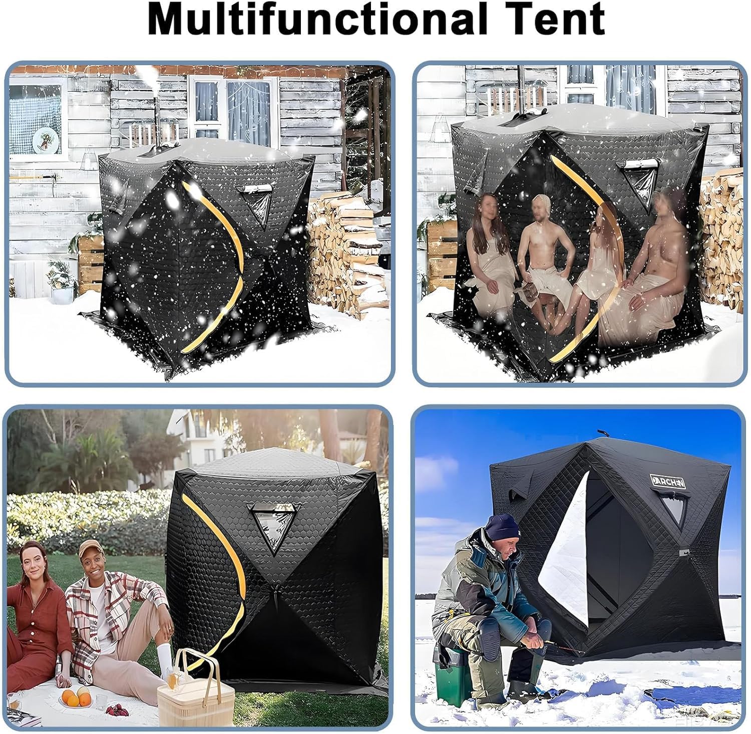 Outdoor-Saunazelt für 4 Personen: isoliertes Allwetter-Angelzelt mit Schornstein, stabiles Design, einfacher Aufbau. Ideal für Camping und Schneefischen in kalten Umgebungen.