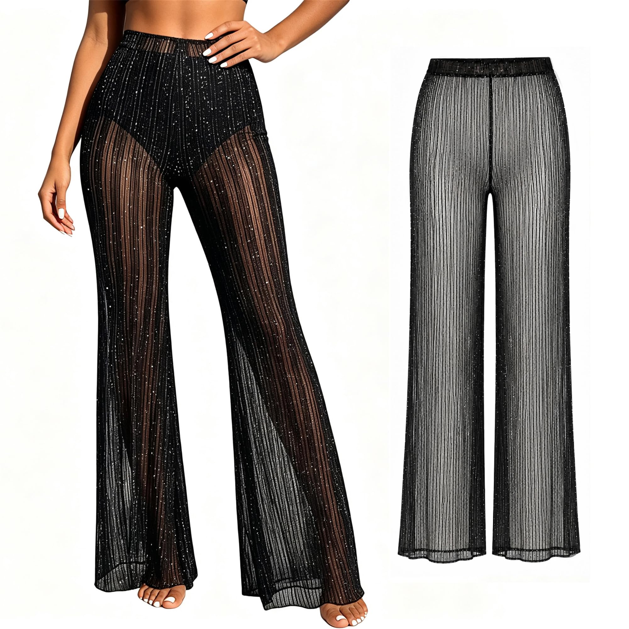 Transparent Hose Damen,Festival Outfit Damen Rave Mesh Hosen,High Waist Glitzer Schlaghose,Transparent Mesh Hose,Sexy Hosen,Tanzhose Techno,Outfit Hosens Sommer Schwarz für Party Strandhose