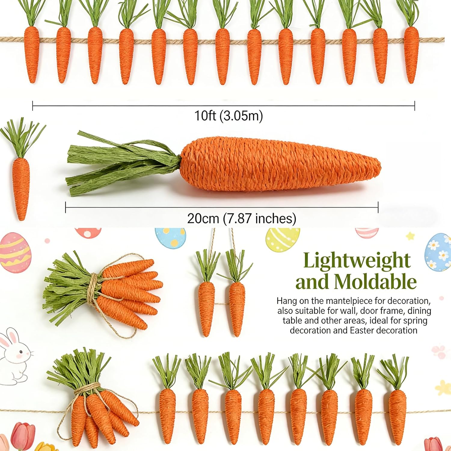 10FT Easter Carrot Garland Decor - 15 Pcs Artificial Fabric Carrot Ornaments for Easter Mantle Arch Table Tree Farmhouse Spring Party Decorations and Gift (02) - Image 2