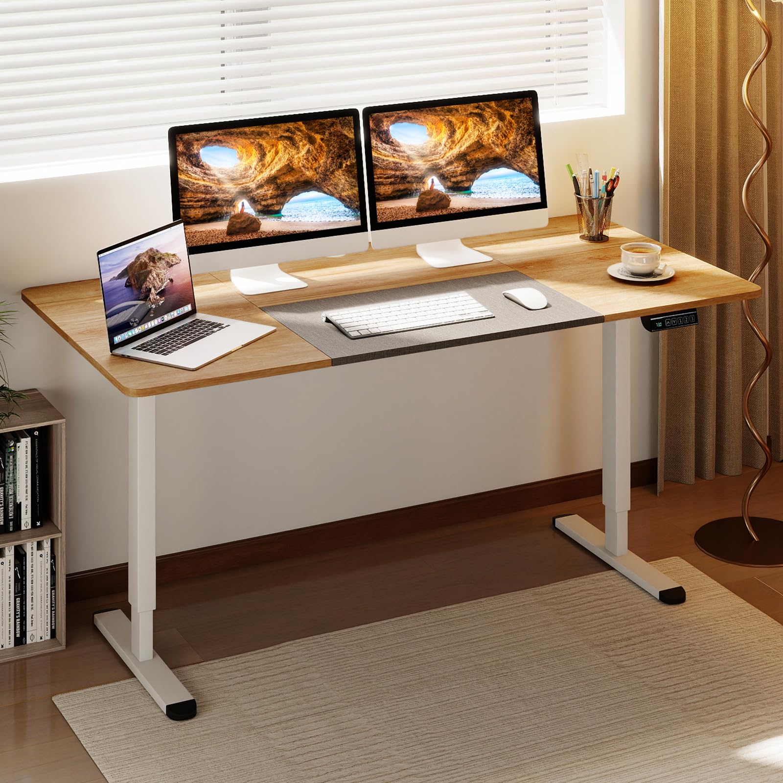 COSTWAY Scrivania Elettrica Regolabile in Altezza 140 x 70 cm, Scrivania per Computer con Memoria delle Altezze, Foro per Cavi, Design Anti-Collisione, Ideale per Ufficio e Casa (Legno Chiaro)