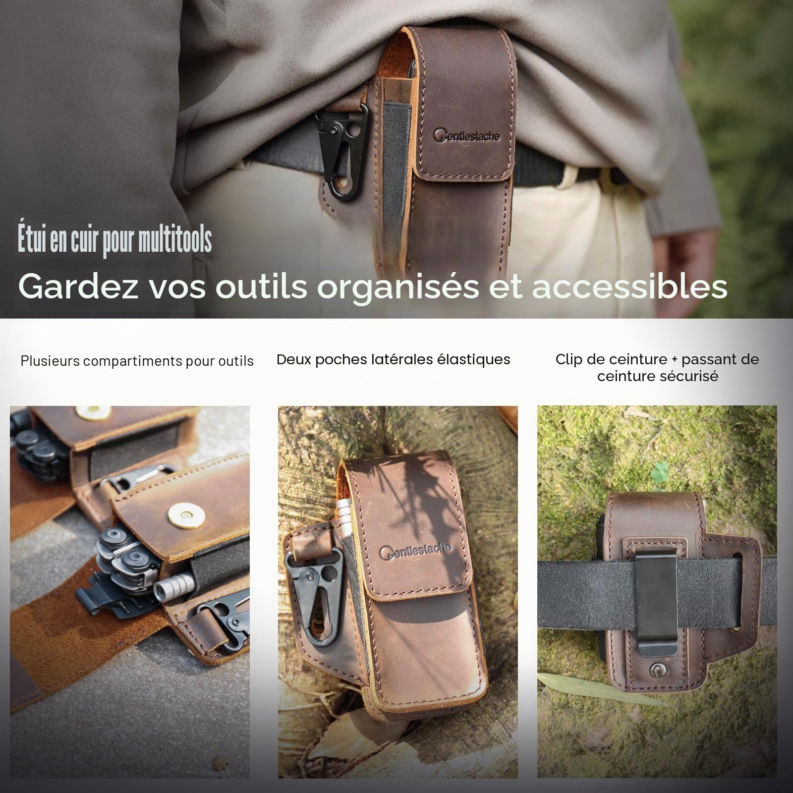 Gentlestache Étui pour outils multifonctions en cuir – Porte-outils multifonctions en cuir pour Leatherman Surge, Gerber, SOG Tools – Étui à outils multifonction avec clip de ceinture et clip pour clé