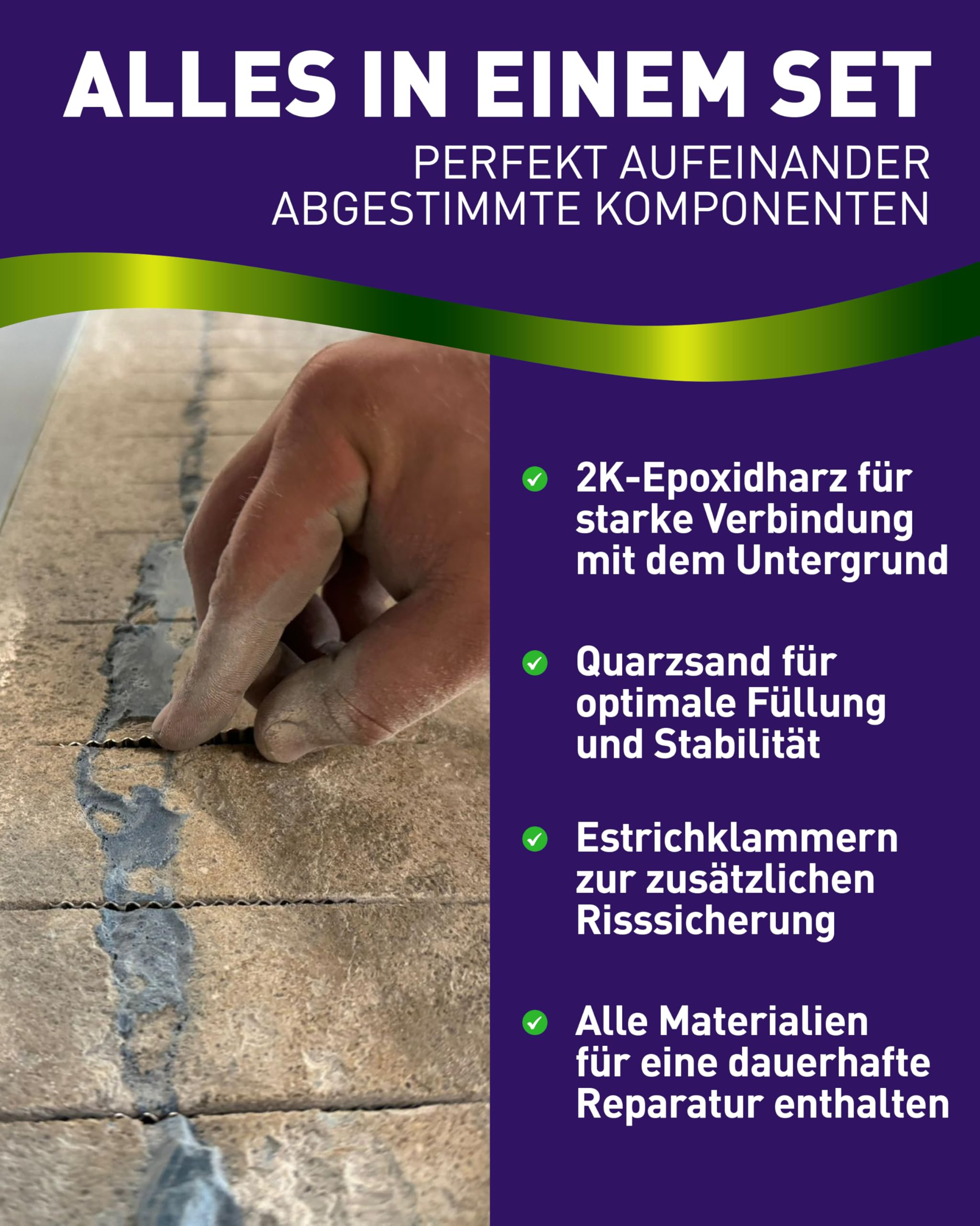 SGH-50 Gießharz (1,5 kg) Set zum Estrich reparieren (inkl. Estrichklammern und Quarzsand) farbloses 2K Epoxidharz Injektionsharz Vergussmasse Laminierharz zum Risse verharzen
