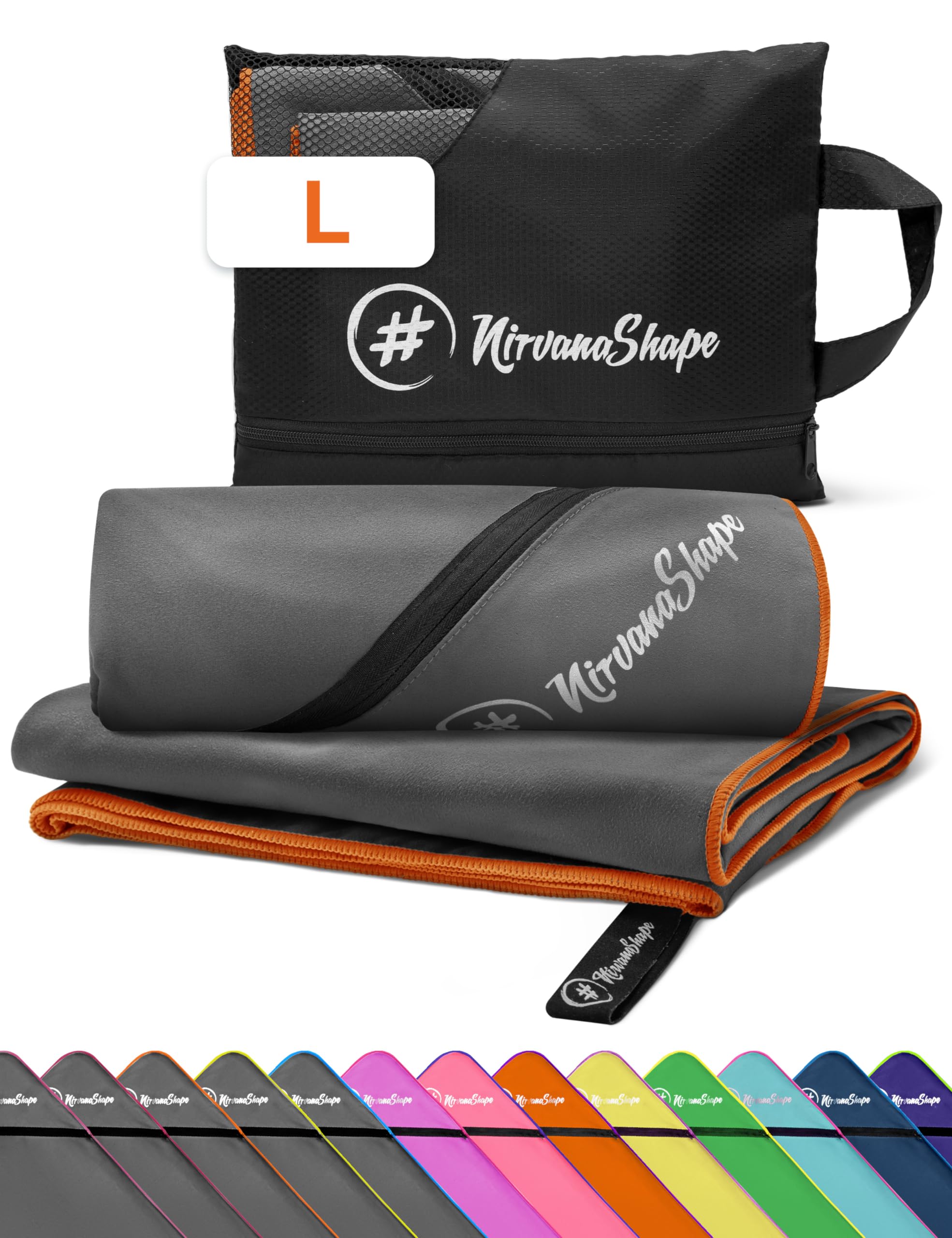 NirvanaShape Microfiber - Travel Towel for Beach Sports, L 140 x 70 cm, Grey / Orange Seam, L: 140 x 70 cm