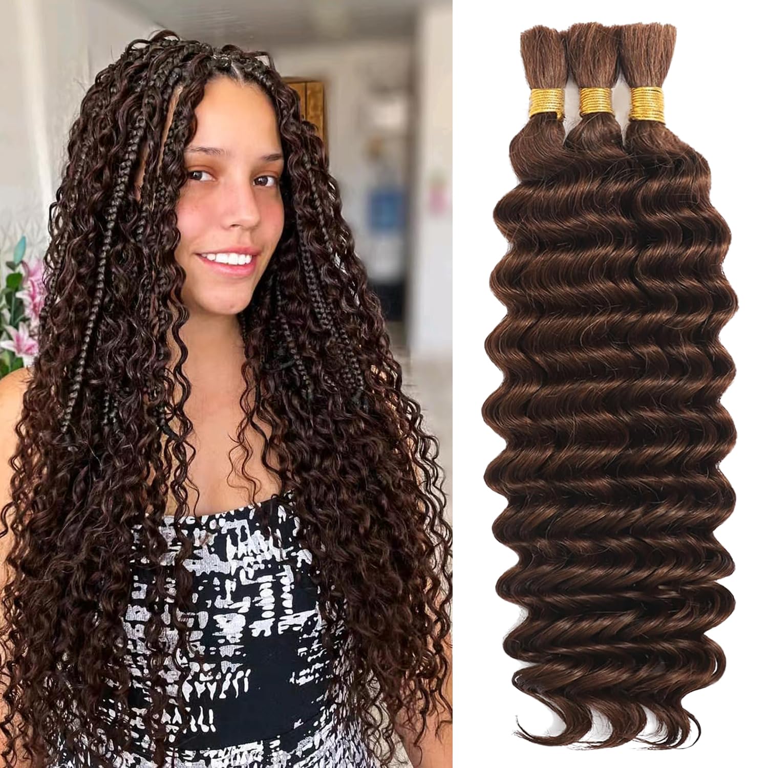 AKONSOUL Chocolate Brown Braiding Hair Deep Wave Bulk Human Hair 110g 20 Inch 3 Bundles Brazilian Virgin Curly Human Hair Extensions for Boho Braids