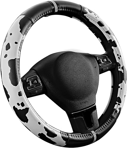 Miniatura 2 de Road Comforts Funda para volante con diseño de vaca, fabricada con piel de PVC, antideslizante, ajuste universal de 14 1/2 pulgadas a 15 pulgadas