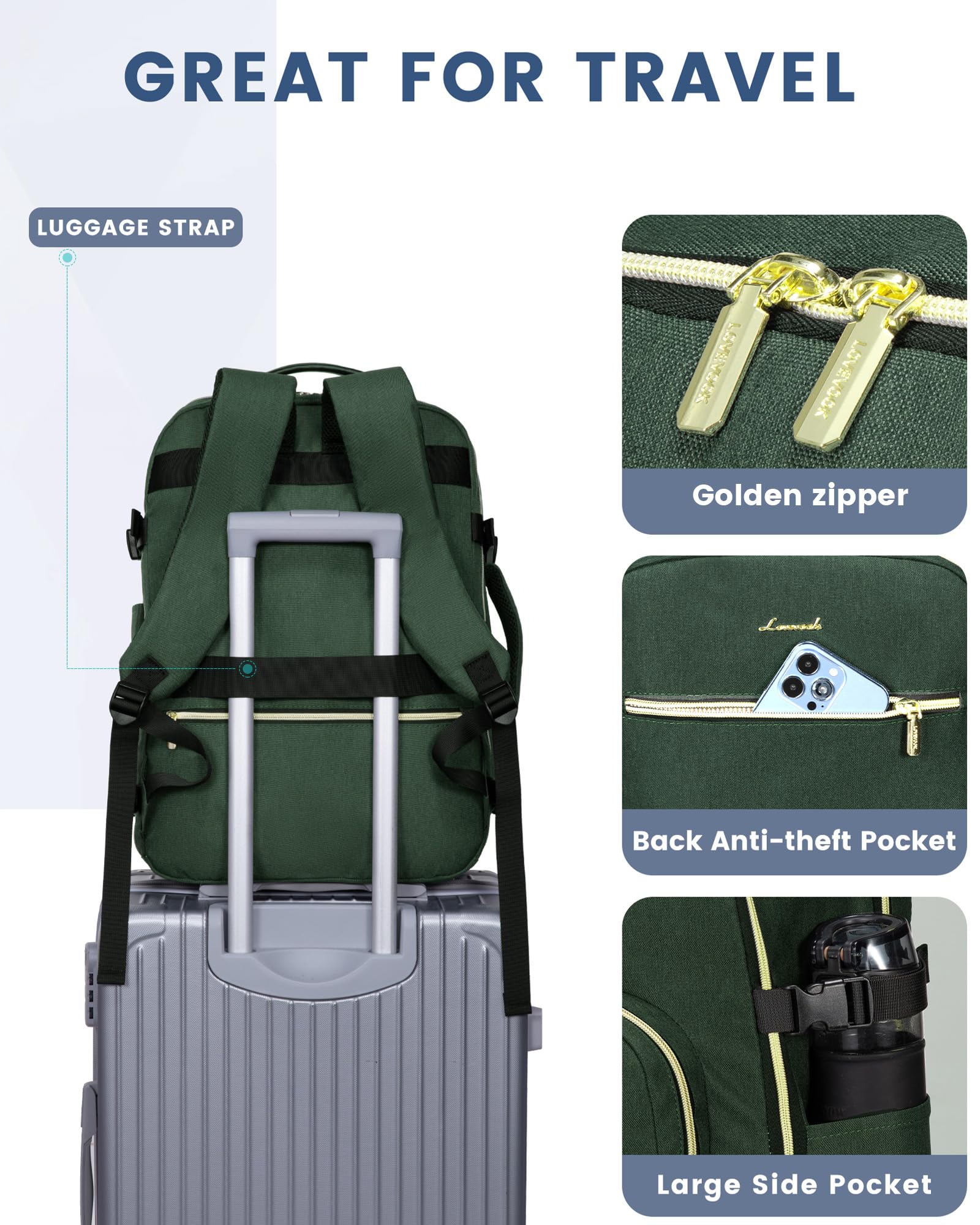 LOVEVOOK Zaino da Viaggio Aereo Bagaglio a Mano, Impermeabile Zaini Trolley Bagaglio Donna 40L Cabin Max per Ryanair Easyjet, Grande Zaino Porta PC 17 Pollici Valigia Borsa a Zainetto