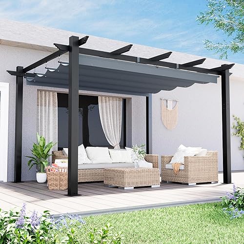 Miniatura 11 de MELLCOM Pérgola para exteriores de 10 x 10 pies, refugio independiente de metal con parasoles laterales ajustables, toldo para patios, patio Beige