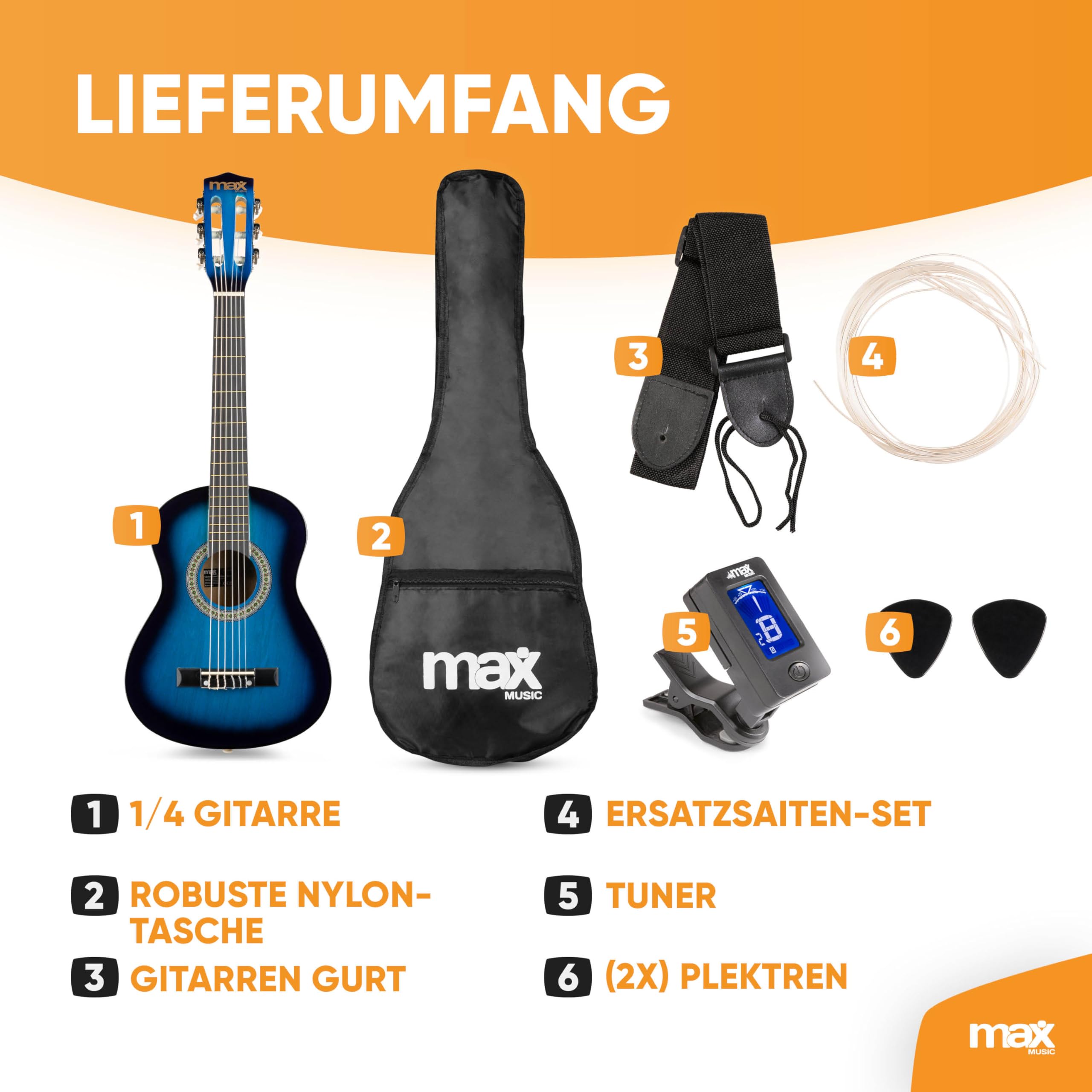 MAX SoloArt - 1/4 Gitarre Kinder ab 3 Jahre - Akustik Gitarre inkl. Gitarrenständer, Tasche, Plektrum, Gurt und Saiten-Zubehör, Kindergitarre 3 Jahre - Guitar in Blau