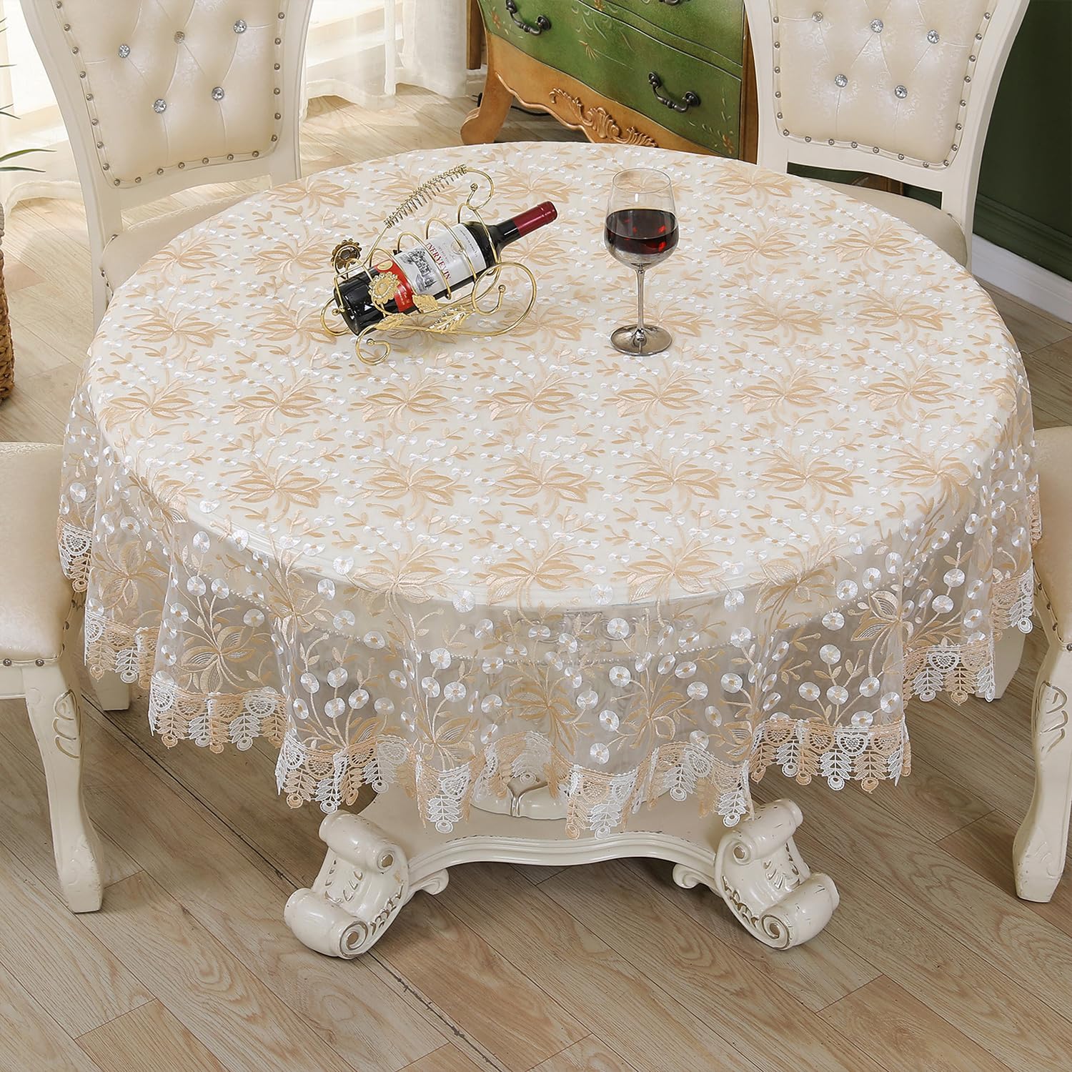 FOELANNE Embroidered Lace Tablecloth, Floral Embroidered Lace Round Tablecloth Multicolor Multiple Sizes(Coffee-white,130cm)