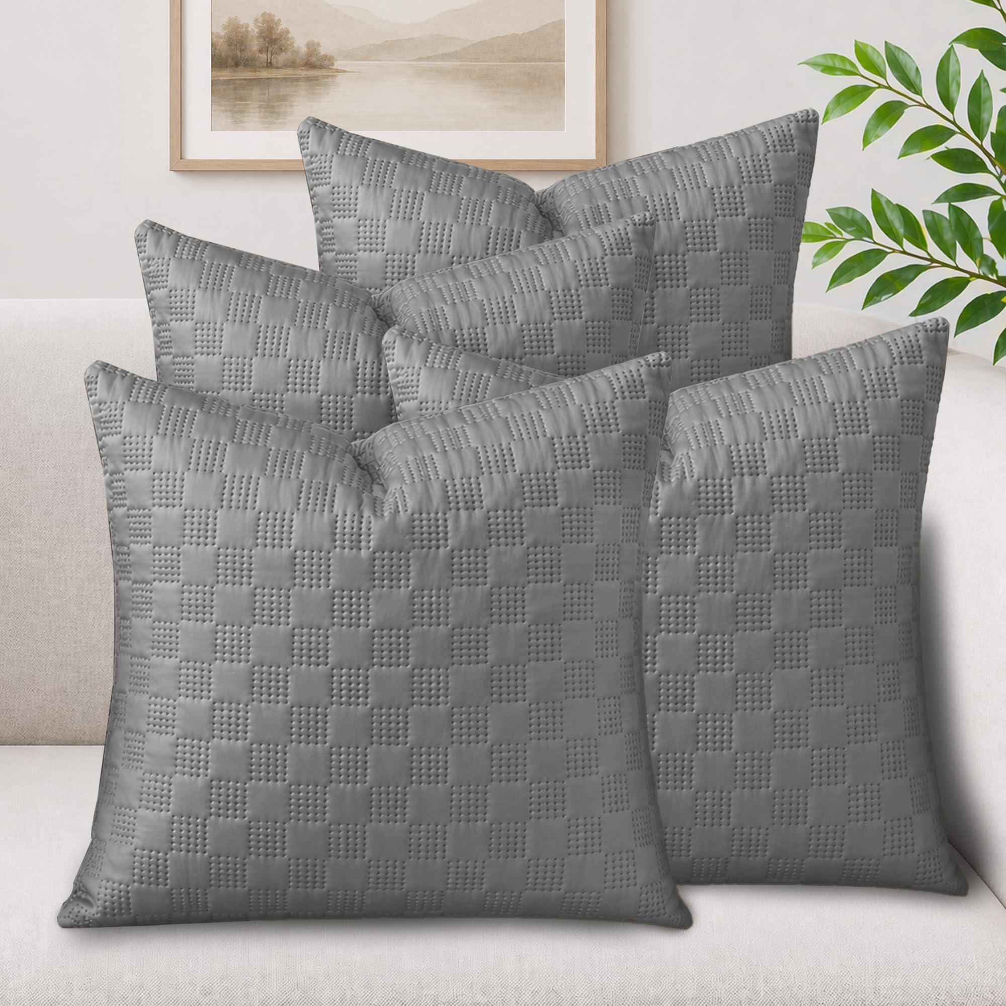 Hafaa Cushions with Covers Included 45 x 45 cm Grey 8 Pcs (4-Cushion Covers, 4-Inserts) Ultrasonic Checked Velvet Square Throw Pillow Cases with Invisible Zipper for Home Decor Sofa Bedroom