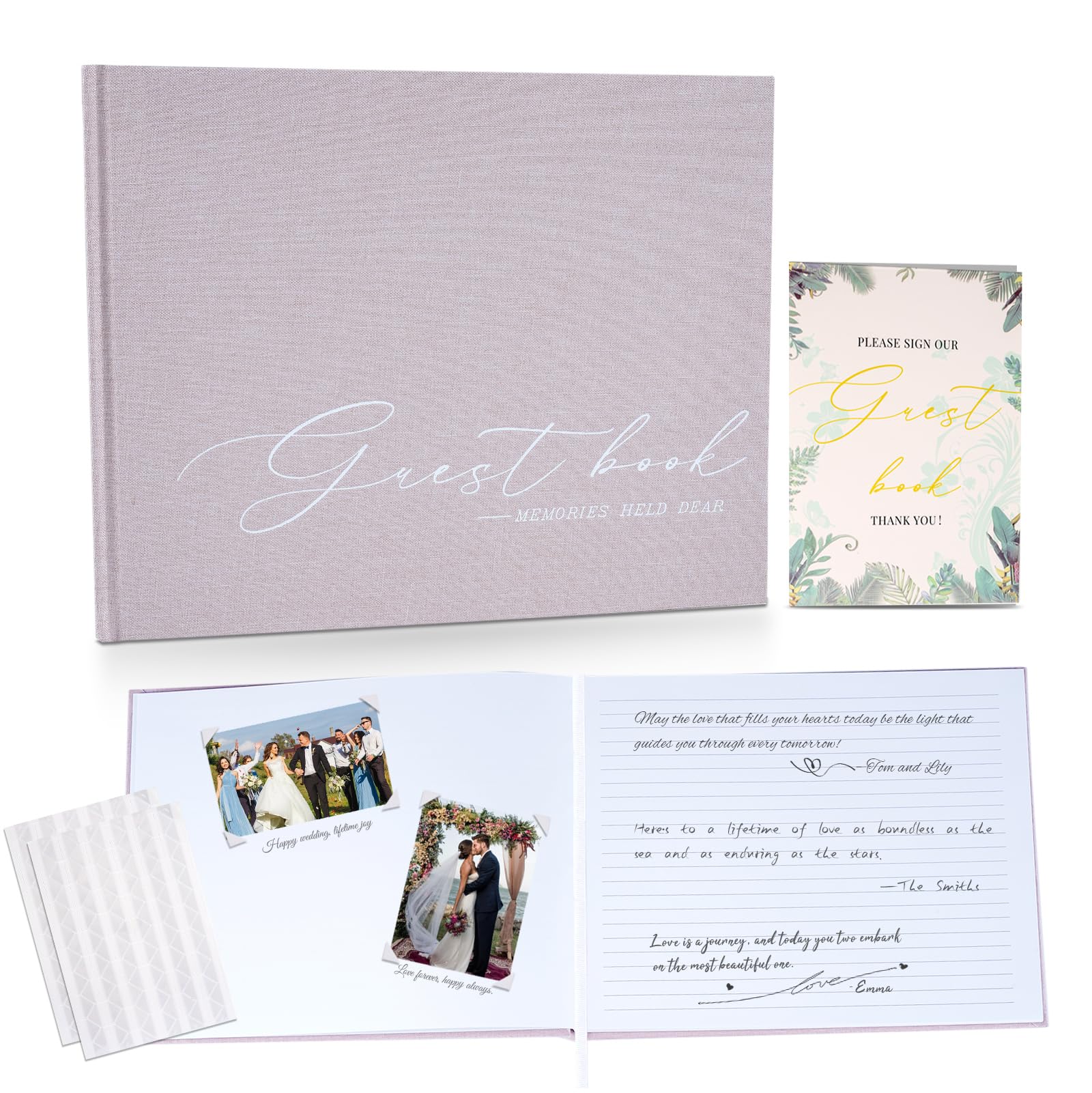 Libro de invitados de boda para recepción y baby shower – Elegante libro de visitas con cubierta de lino para fotos y firmas Polaroid con tarjeta "Please Sign" y esquinas de fotos, 100