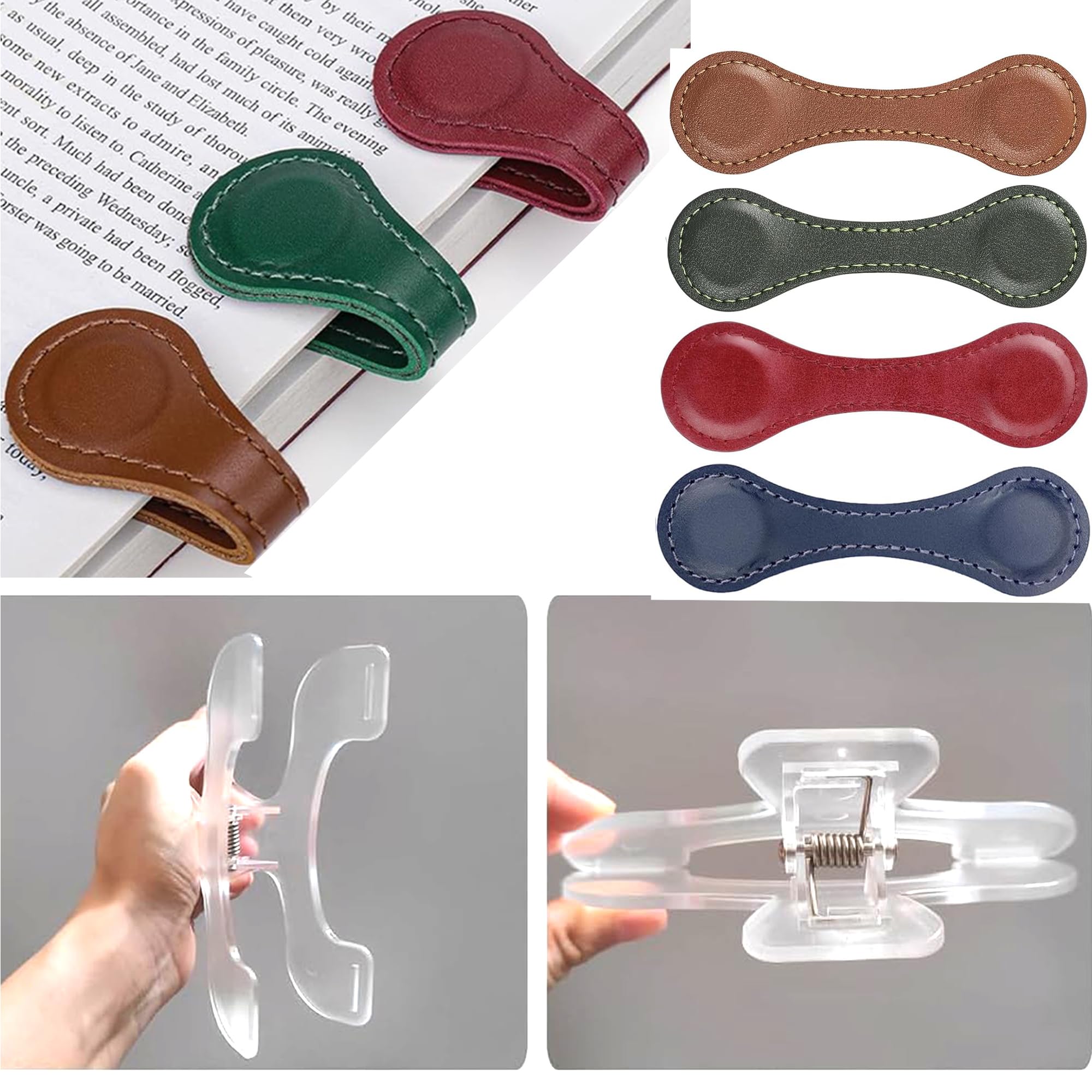 2 transparente Lesebuchhalter mit 4 magnetischen Leder-Lesezeichen-Kombinationsset, doppelseitiger magnetischer Lesezeichen-Halter, geeignet für Leser, Männer, Frauen, Studenten, Lehrer