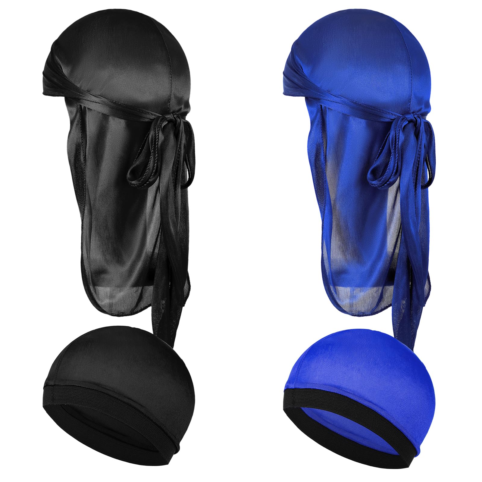 4Pcs Premium Durag Pack for Men Kids Silky Durag with Wave Caps Set Long Tail Wide Strap Headwraps