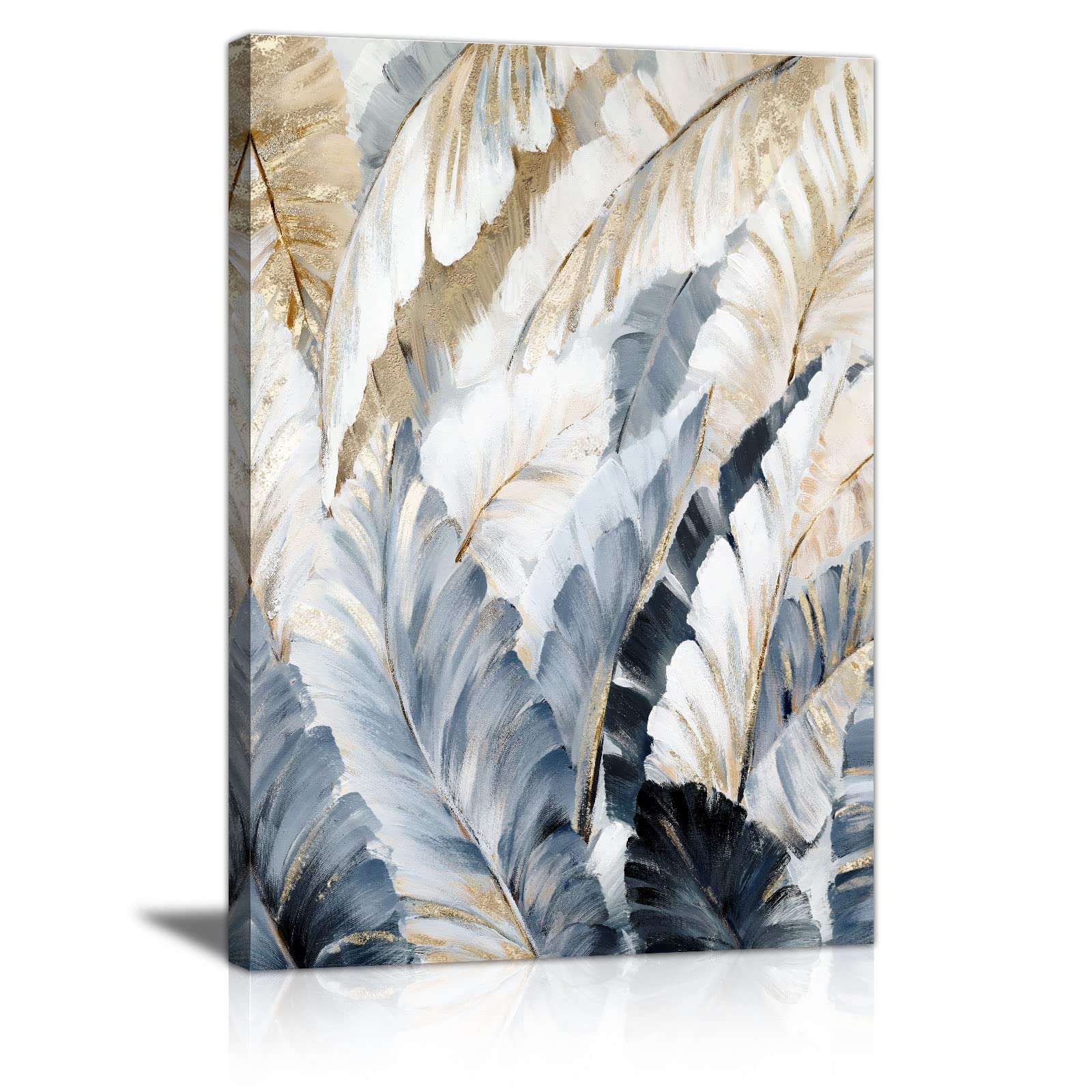 FajerminArt Framed Canvas Prints Abstract Feather Canvas Wall Art for Living Room White Gold Grey Feathers Paintings Picture Bedroom Home Decorations Wall Decor Ready To Hang 20" x 28"(50x70cm)