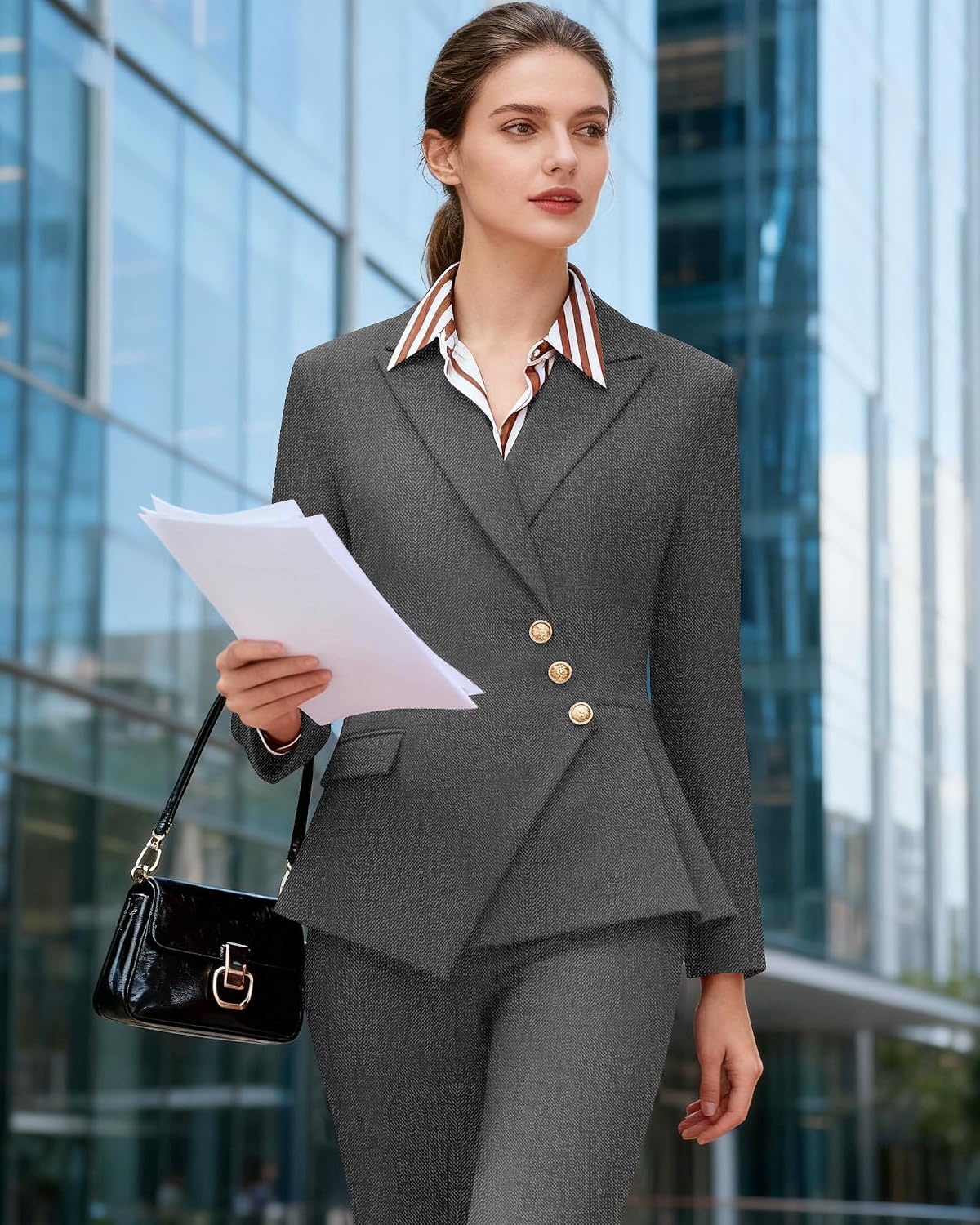 Women's 2 Piece Suit Set Slim Fit Dressy Asymmetric Blazer and Bootcut Pants Set for Work Office Business Casual Outfits