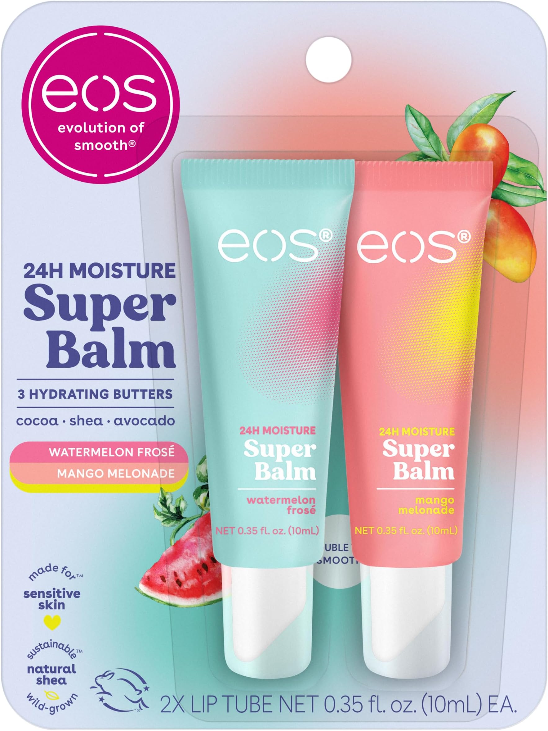 eos 24H Moisture Super Balm- Watermelon Frosé & Mango Melonade, Lip Mask, Day or Night Lip Treatment, Made for Sensitive Skin, 0.35 fl oz, 2-Pack