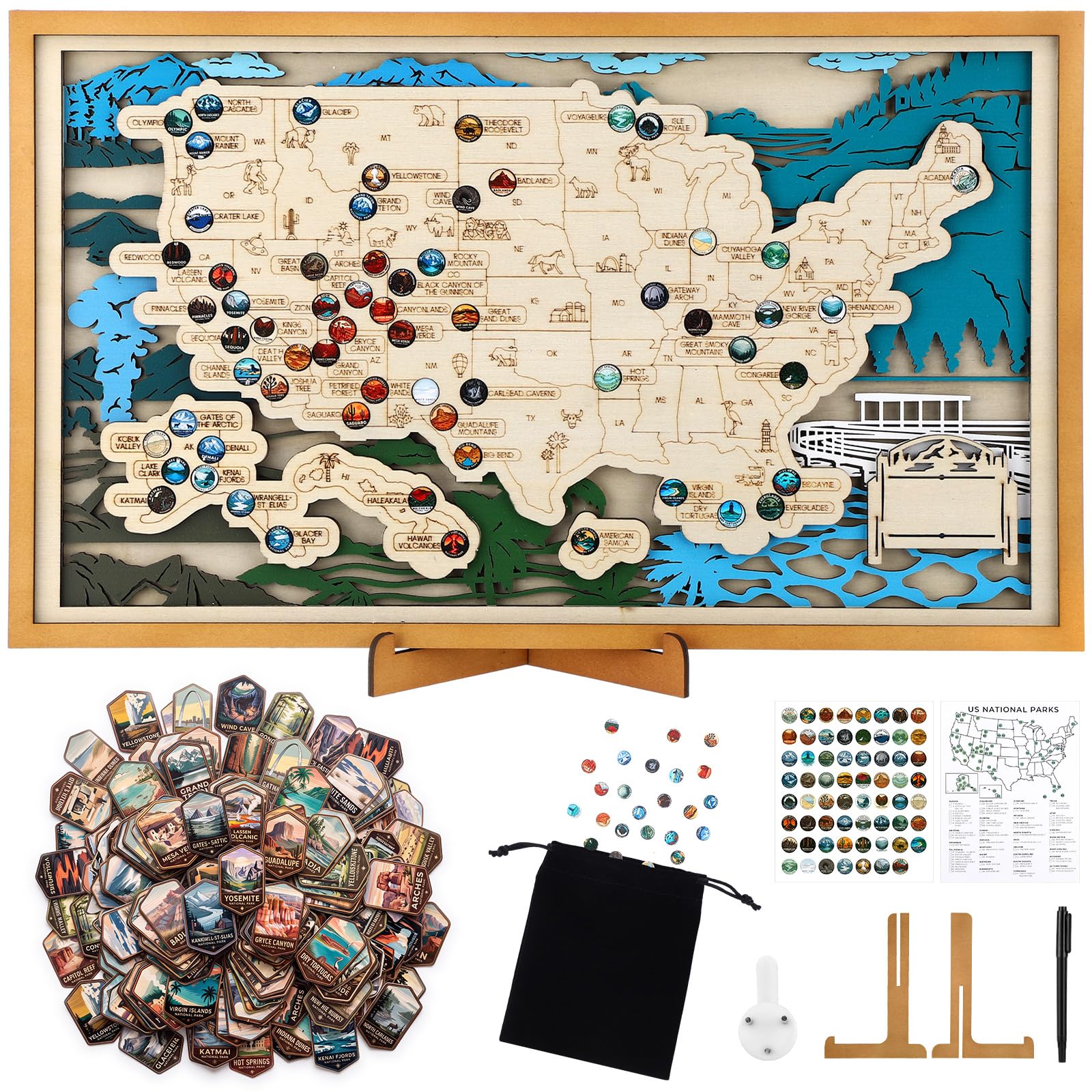MotiMind USA National Parks Map Set Travel Tracker with Checklist Stickers