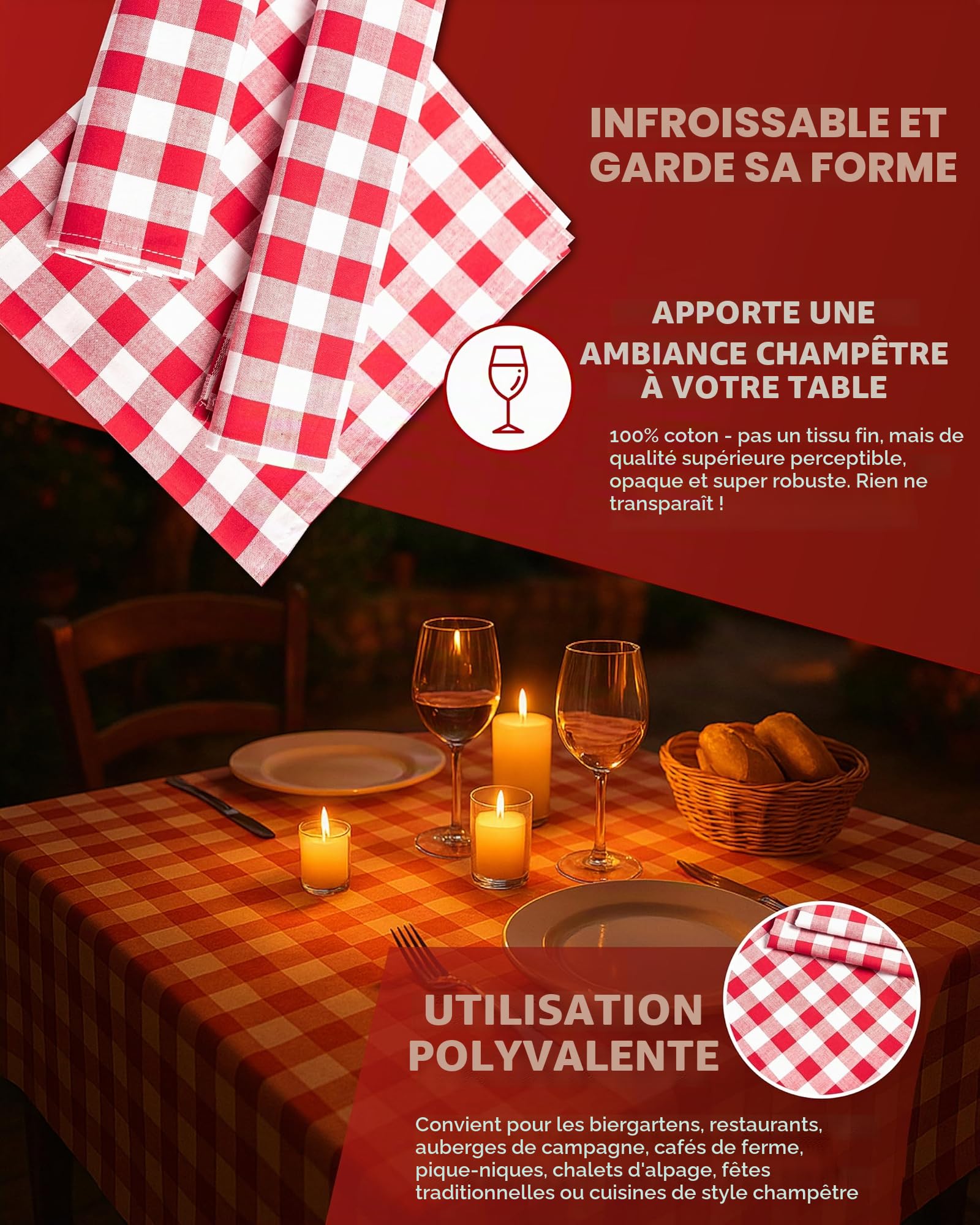 Lot de 12 Serviettes de Table à Carreaux Rouges et Blancs - 20 mm - 100% Coton - 60 x 60 cm