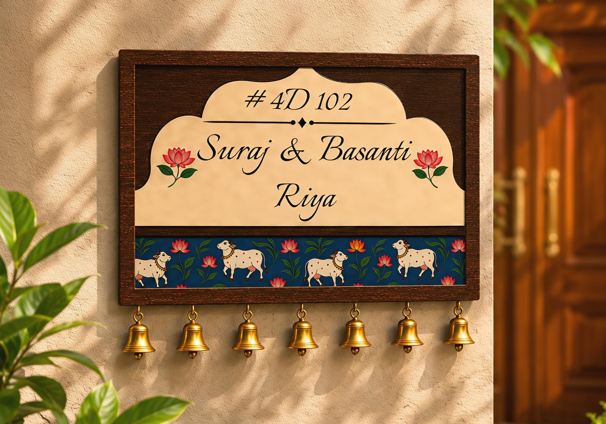 Webelkart Wooden Customised House Name Plate With Golden Bell For Home Entrance Outdoor - Door name plates | Name Plate Office Entrance (14 x 10 inches) Customized name plate (Cow Designs) — Amazon image 2