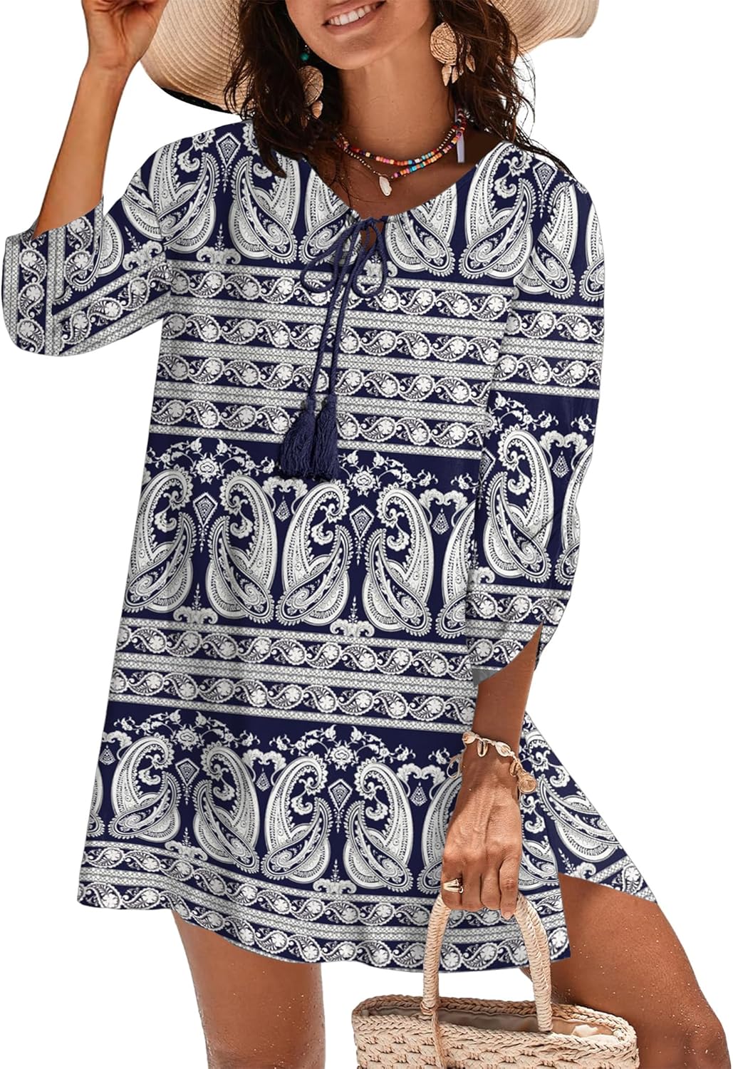 Zeagoo Womens Boho Dresses Casual Beach Summer Dress Tassel Tie Neck 3/4 Long Sleeve Mini Sundress 2026 Floral Print Cover Up - Image 2