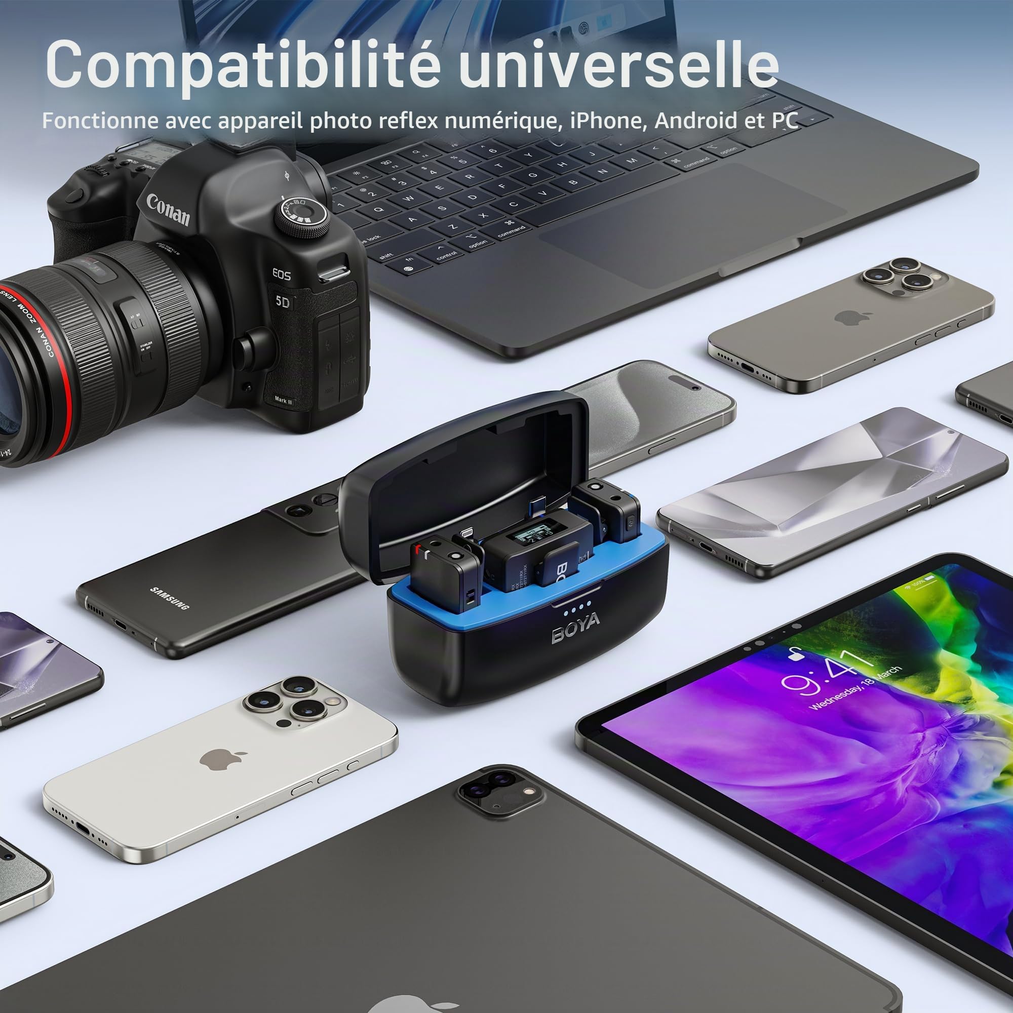 Boya BOYAMIC - Microphone lavalier sans fil pour iPhone, Android, smartphone, caméra, enregistrement embarqué, portée de 200M, micro cravate sans fil à clip pour diffusion vidéo en direct, podcast
