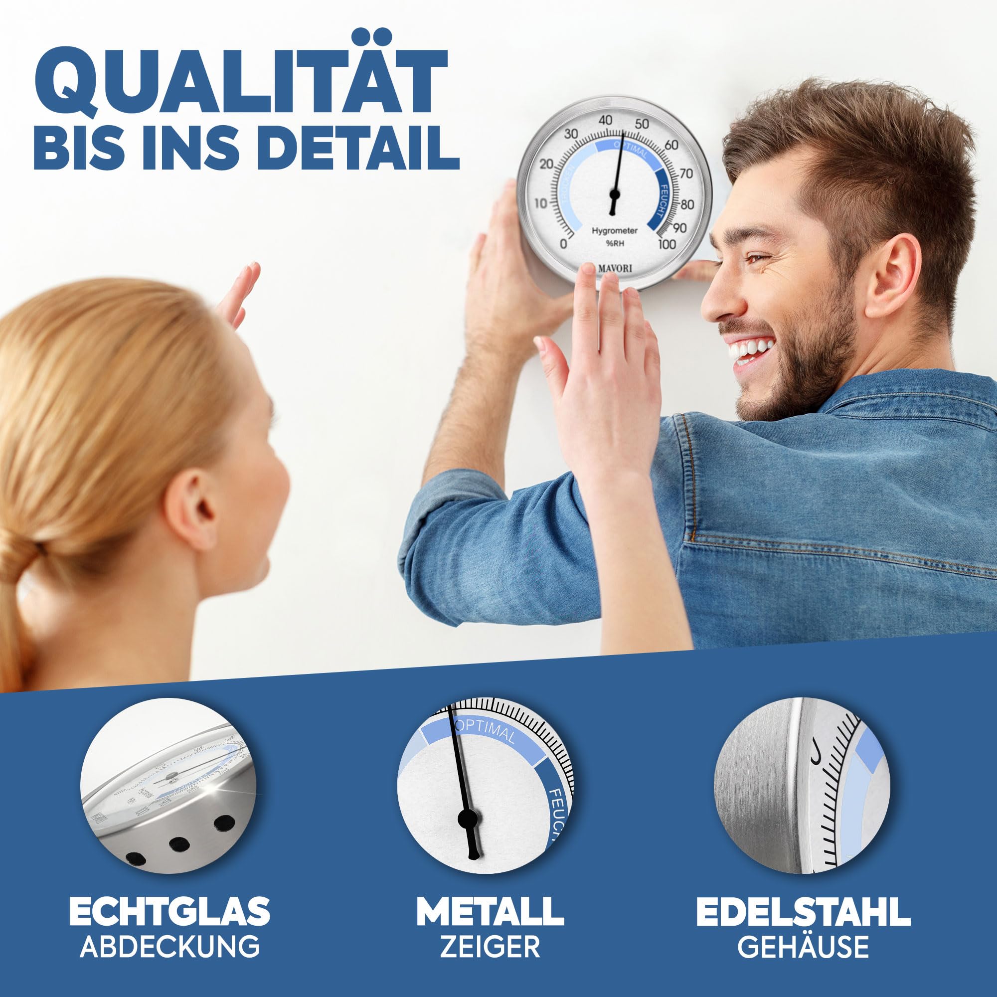 Hygrometer innen analog aus Edelstahl - eleganter & präziser Luftfeuchtigkeitsmesser für ein gesundes Raumklima - umweltfreundlicher batteriefreier Betrieb - Ø 9,5 cm