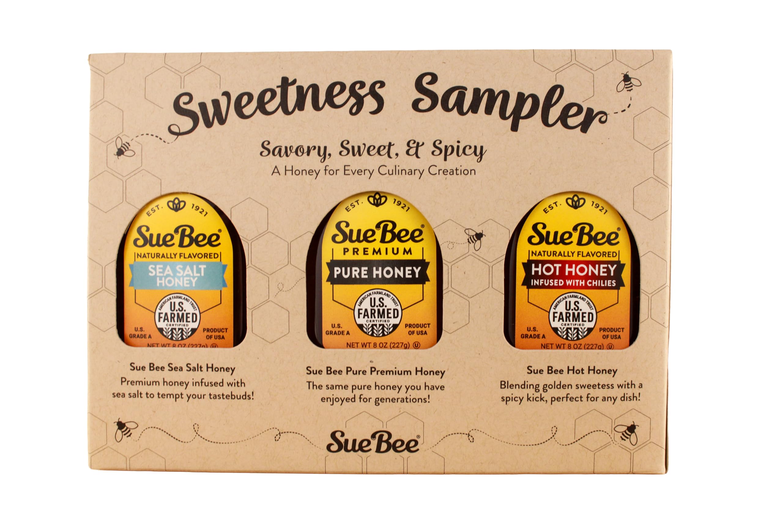Sue Bee® Sweetness Sampler – 3 Pack Honey Gift Set | Original, Hot & Sea Salt | Pure U.S. Farmed Certified | Gourmet Gift Set for Foodies, Cooking, Tea, Charcuterie & Holiday Gifting 8 Ounce (Pack of 3)