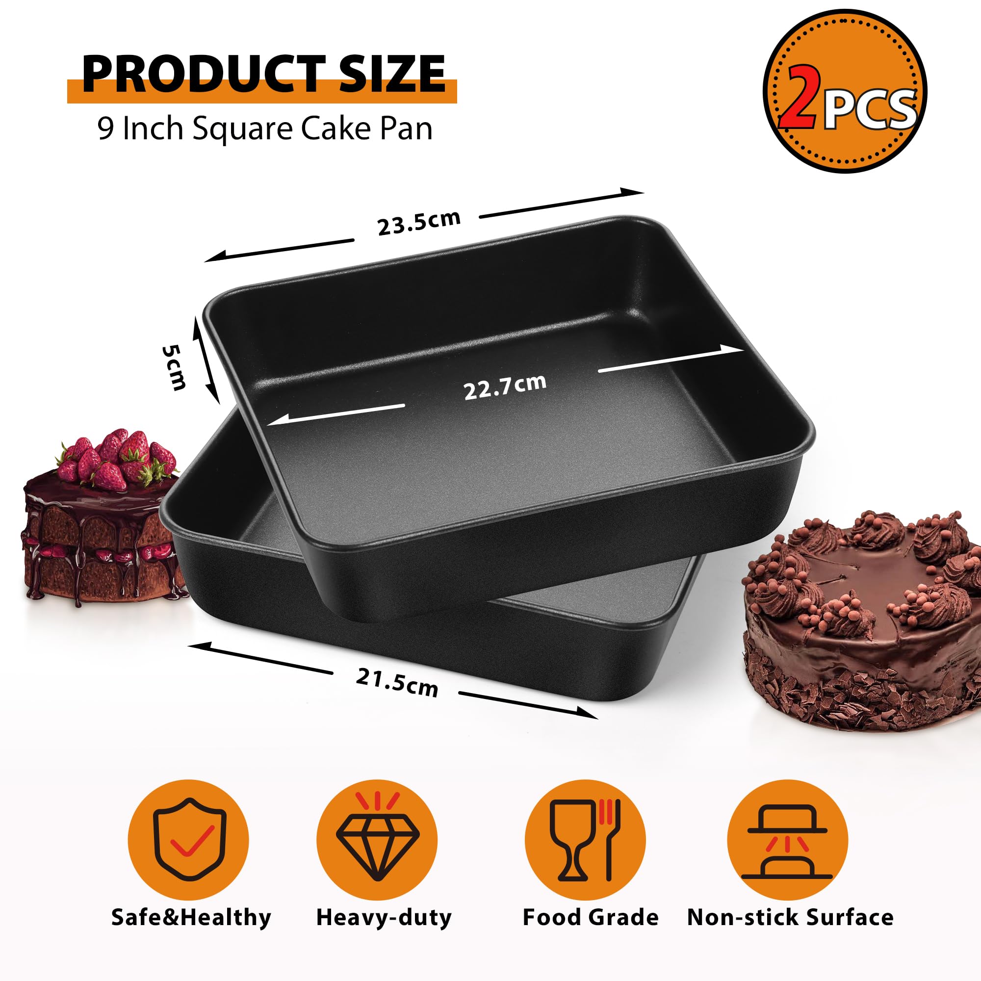 Joyfair 9 Inch Square Cake Tin Set of 2, Stainless Steel Baking Tin with Non-Stick Coating - Image 2