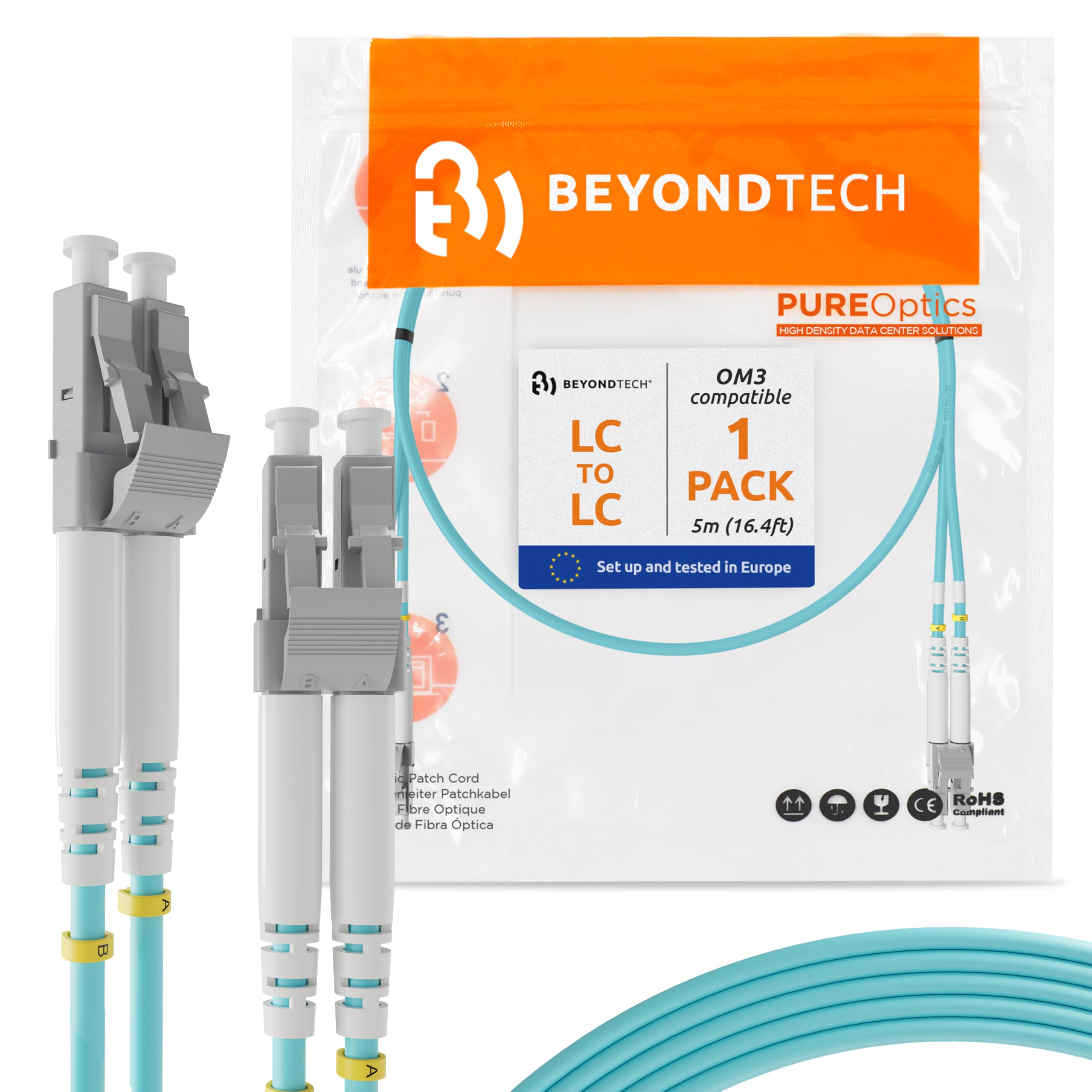 BEYONDTECH LC to LC Fiber Patch Cable Multimode Duplex - 5m (16.4ft) - 50/125um OM3 10G LSZH - PureOptics Cable Series