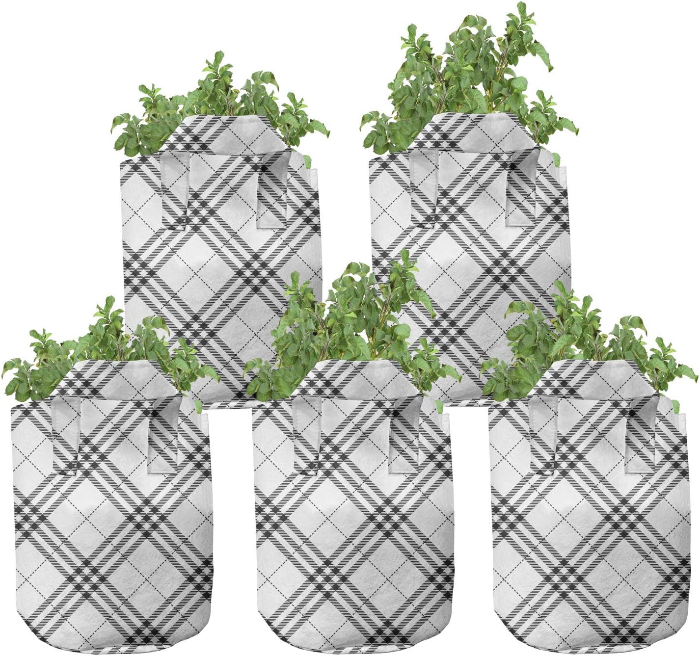 Ambesonne Geometric Grow Bags 5-Pack, Minimalist Fashion, Heavyduty Fabric Pots with Handles for Plants, Black White