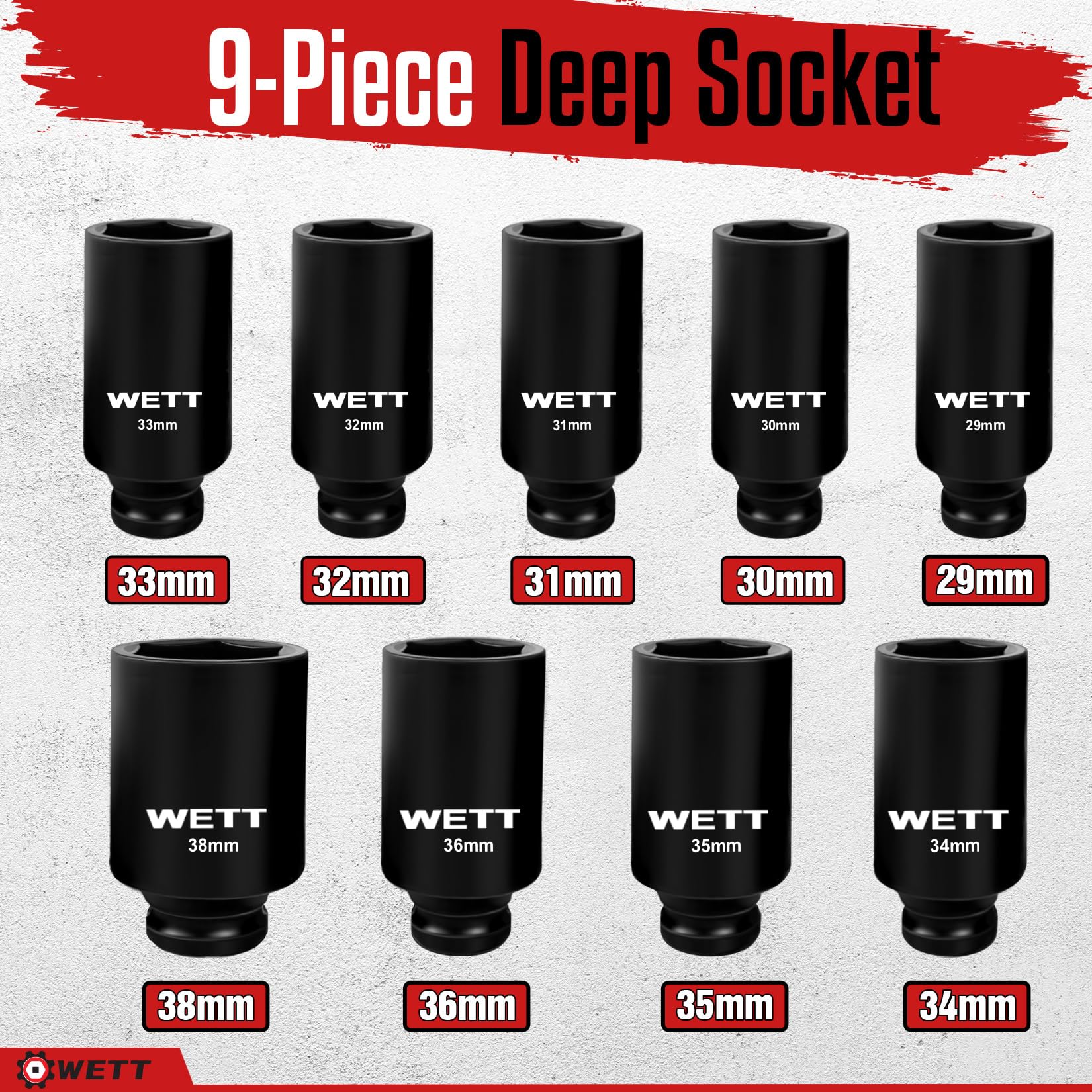 WETT Zestaw nasadek udarowych 1/5.1 cm, 9-częściowy zestaw nakrętek osi wrzeciona, metryczny, 6-punktowy, CR-MO, 29 mm-38 mm