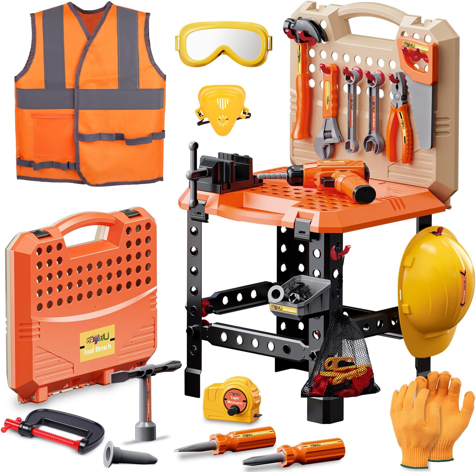 Magic4U Kids Tool Bench Set, 95PCS Toddler Tool Workbench with Electronic Drill 13 Tool Equipements,Safety Vest & Hat,Pretend Play Kids Construction Toys Gift for Boys Girls Age 3,4,5,6,7,8