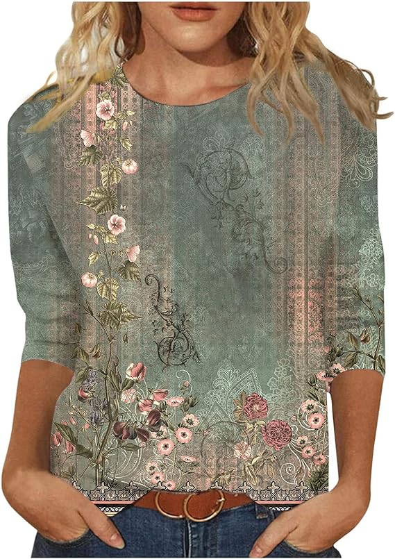 HTHLVMD Womens 3/4 Length Sleeve Tops 2025 Fall Fashion Floral Print Crewneck Causal Trendy Tunic Tops for Women