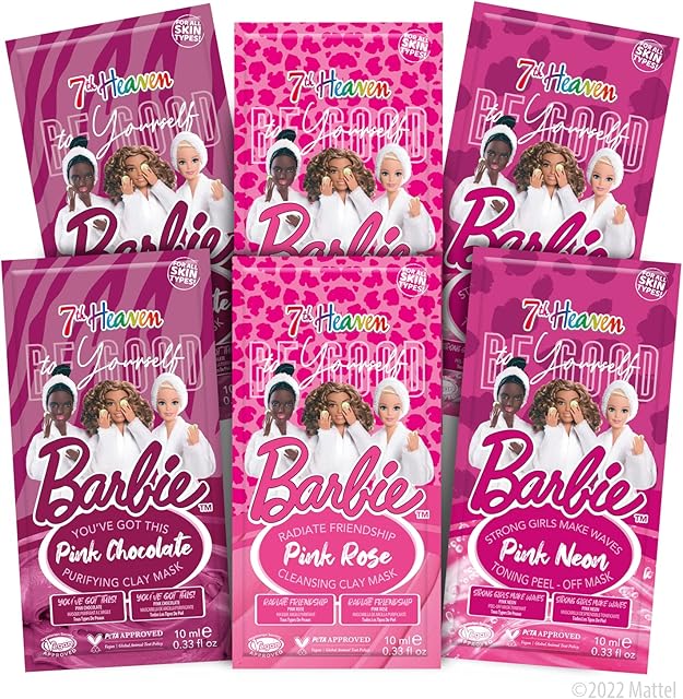 7th Heaven X Barbie 'Be Good To Yourself' Super Bundle of Face Masks (x6) with Pink Neon Peel Off Face Mask, Pink Chocolate Purifying Clay Mask, Pink Rose Cleansing Clay Mask (Ages 8+)