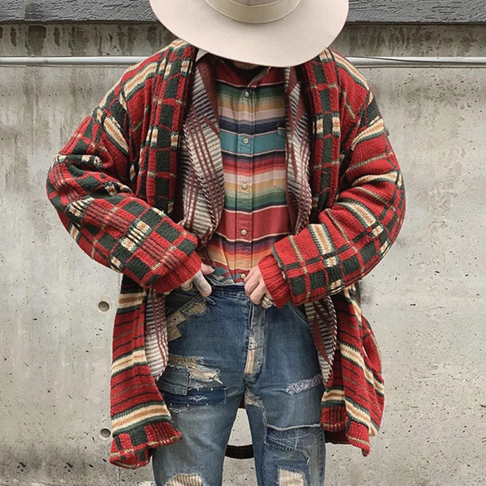 Cárdigan de Punto a Cuadros a la Moda para Hombre Chaqueta de suéter de Gran tamaño Suelta Larga