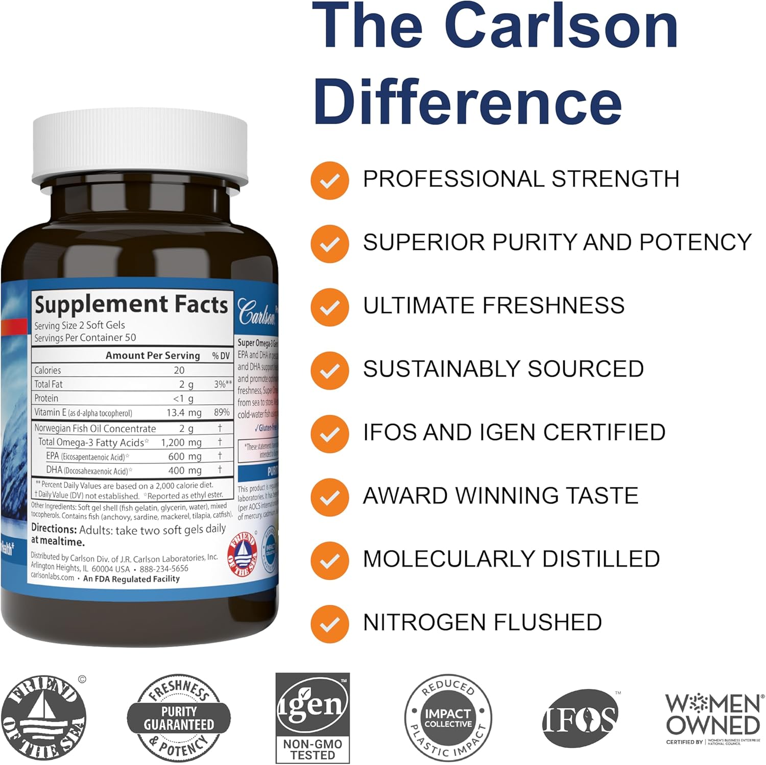 Carlson Super Omega-3 Gems, Pescetarian, Norwegian, 1,200 mg Omega-3s, 100 + 30 Soft Gels - Image 2