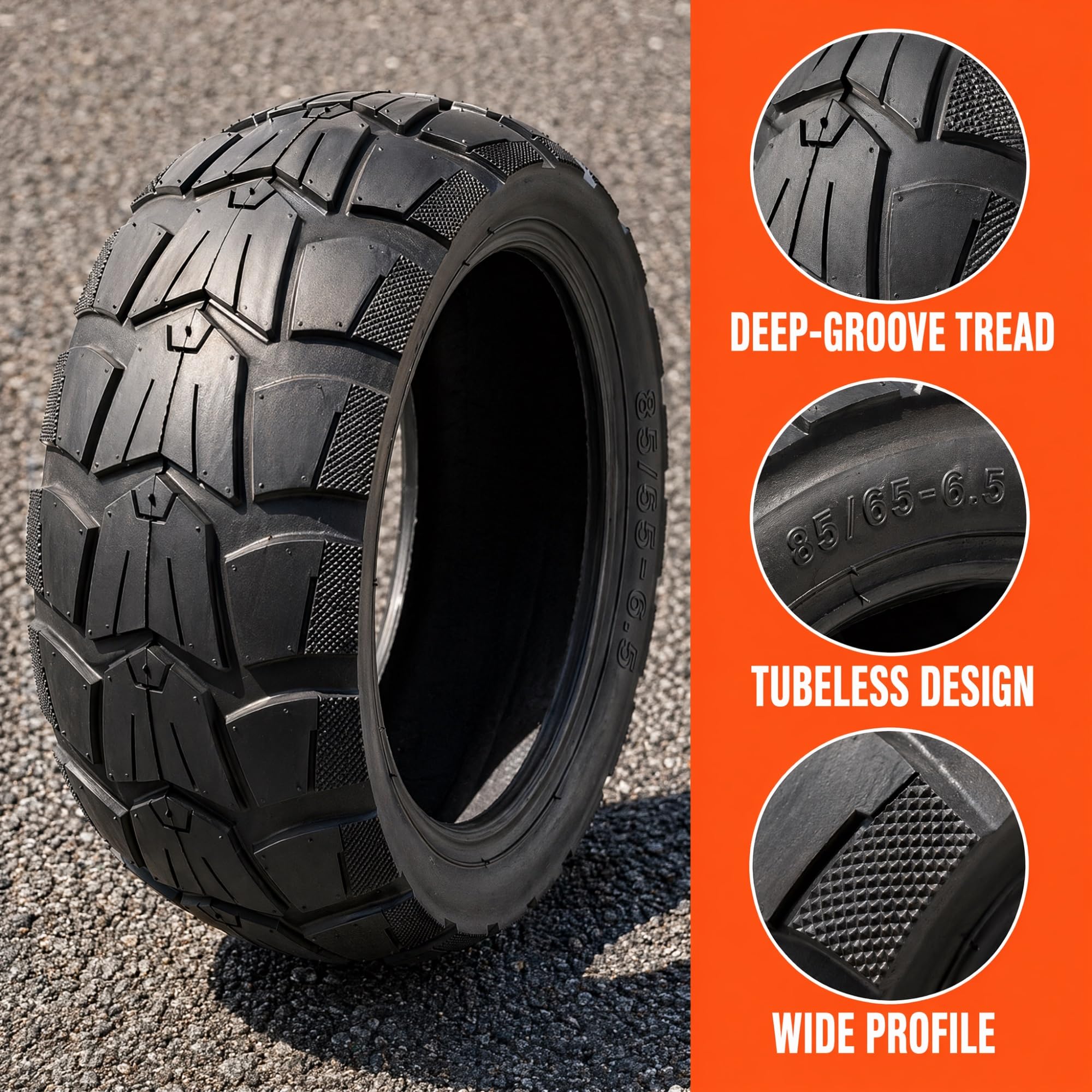 85/55-6.5 Pneu Tubeless pour Trottinette Électrique, Rechange de Pneumatique 85/55/6.5, Bande de Roulement Routière Antidérapante en Nylon, Compatible avec Jante de 6,5 Pouces