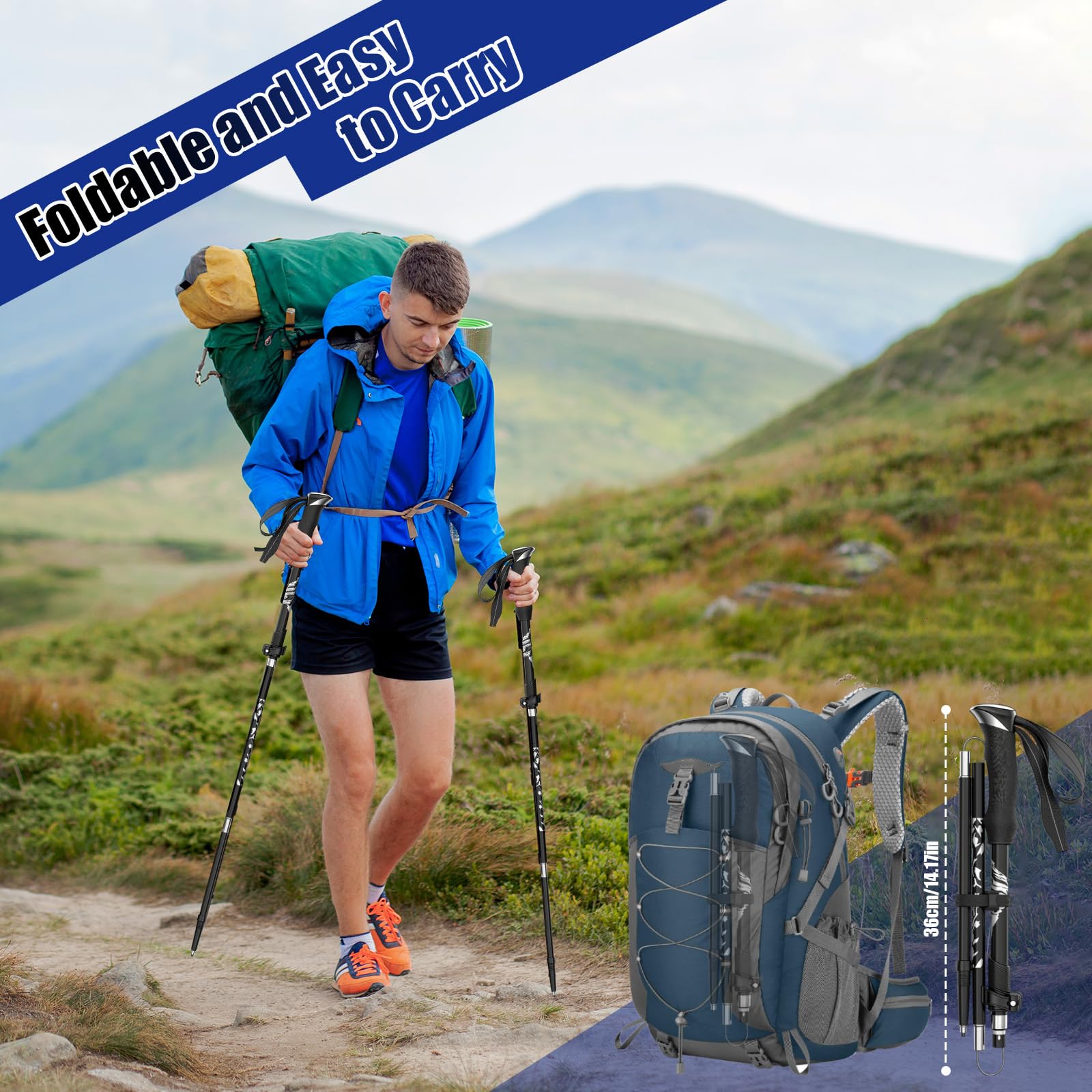 2 Stück Wanderstöcke Faltbar, Trekkingstöcke Aluminium, Verstellbar 110-130cm, Nordic Walking Stöcke Damen und Herren, mit 4 Paar Gummipuffers, für Bergsport, Trekking und Wandern