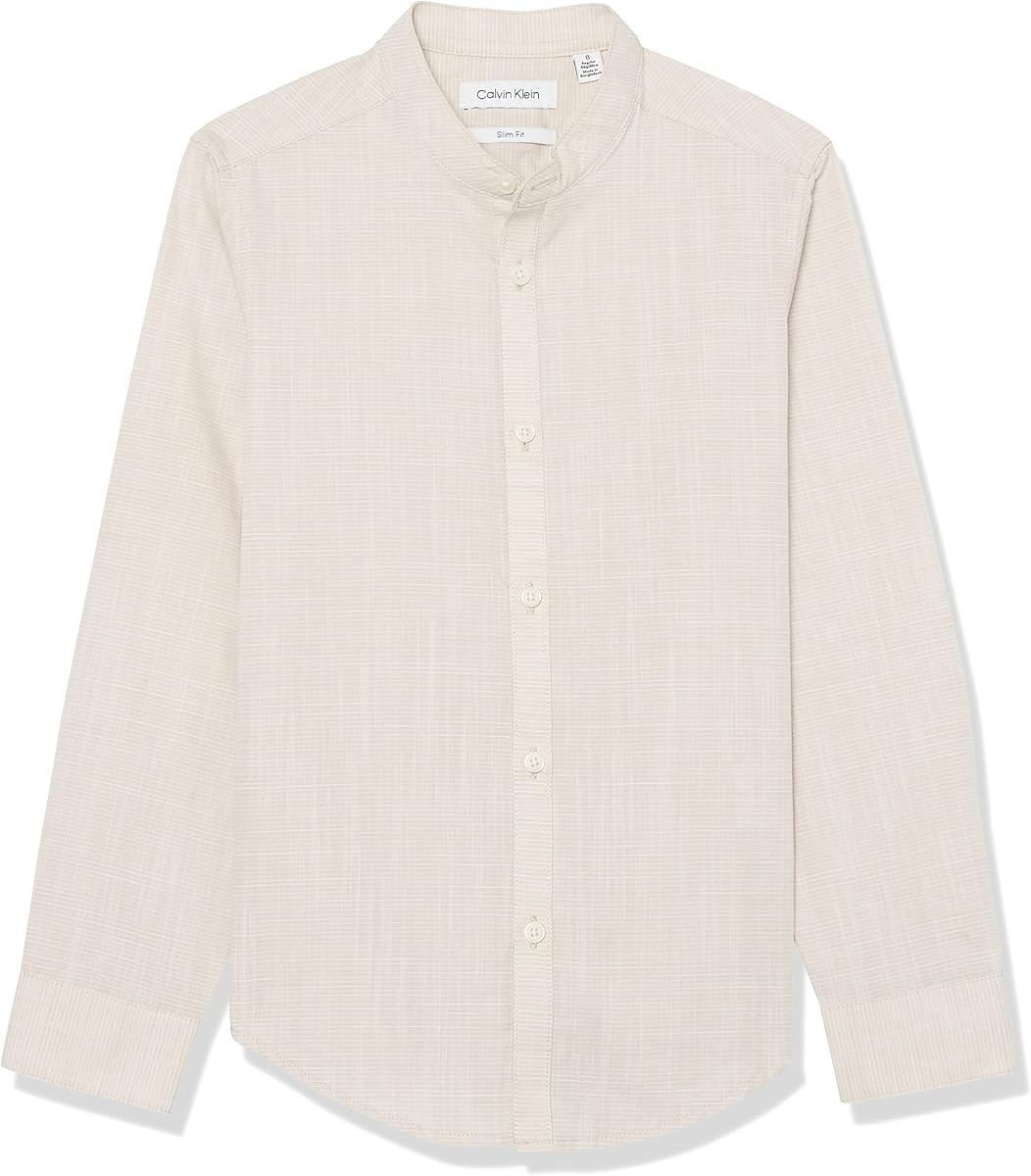 Calvin Klein Boy's Long Sleeve Slub Dress Shirt, Button-down Style with Banded Collar, Cuffs & Shirttail Hem