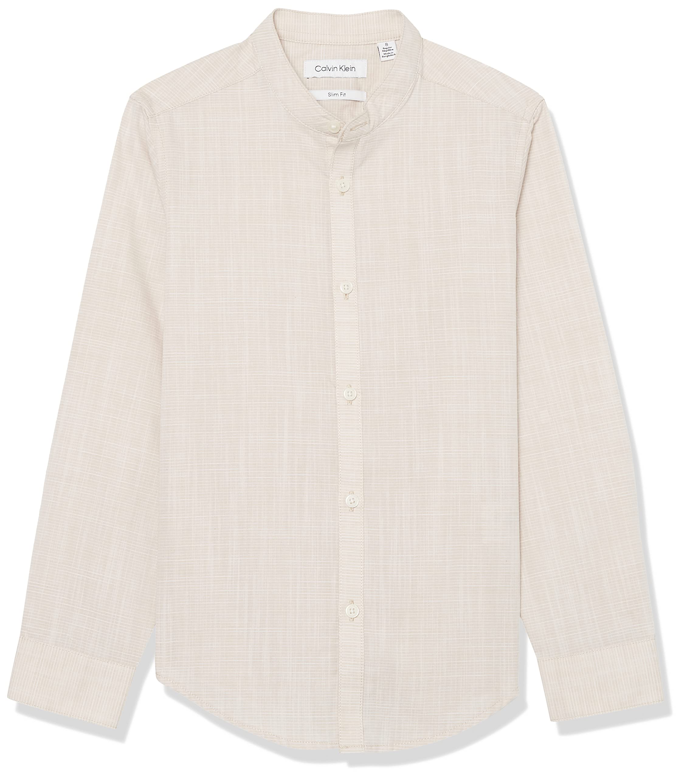 Calvin Klein Boy's Long Sleeve Slub Dress Shirt, Button-down Style with Banded Collar, Cuffs & Shirttail Hem