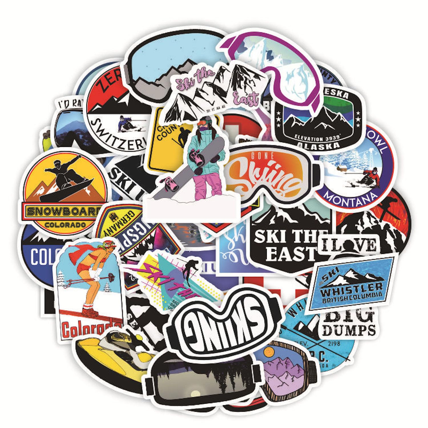 Winter Skiing Stickers Pack 50Pcs Colorful Waterproof Ski Cartoon Stickers for Flask Laptop Water Bottle Cute Aesthetic Vinyl Doodle Decals (Skiing)