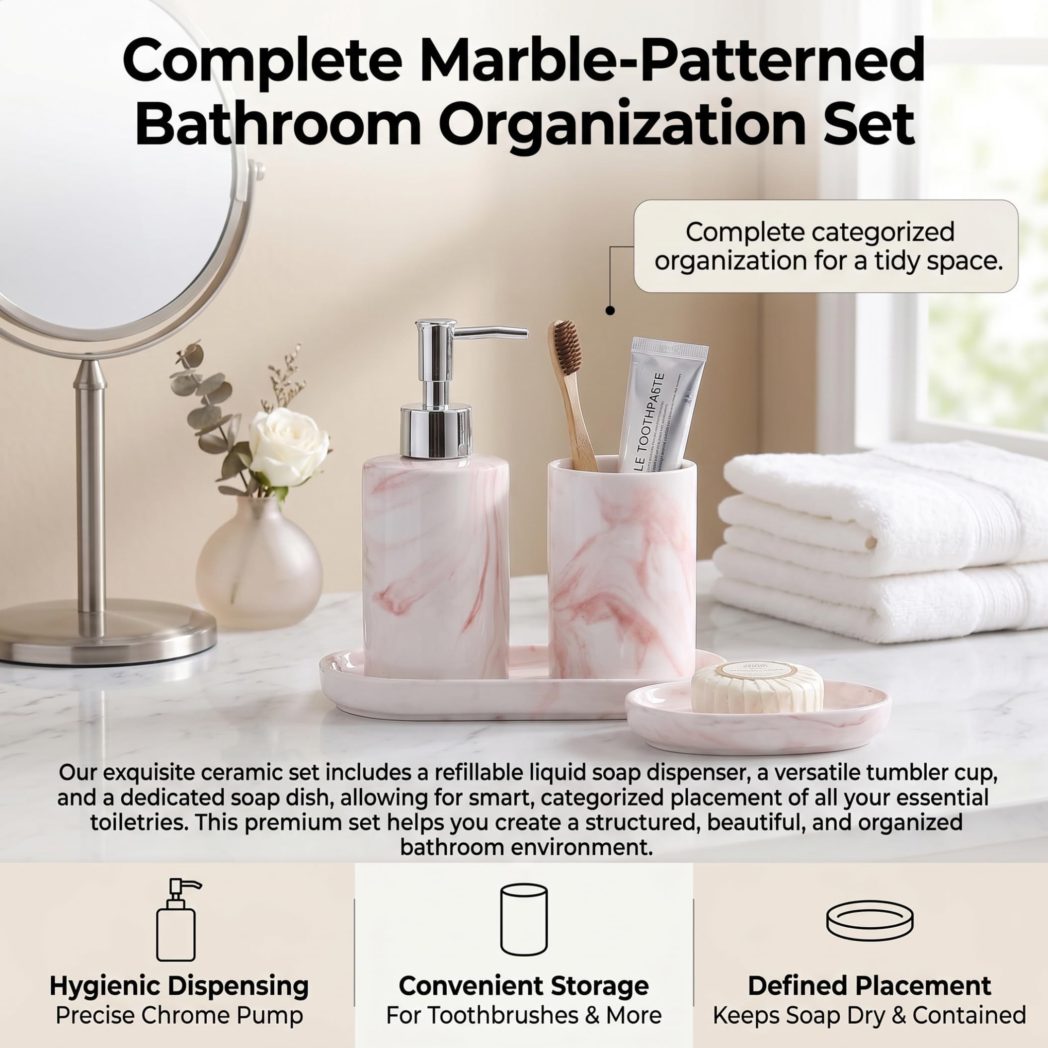 Set 3 Pezzi Porta Sapone e spazzolino da Denti - Set da Bagno in Marmo ceramico di Lusso Nordico, Bicchiere per spazzolino da Denti e portasapone