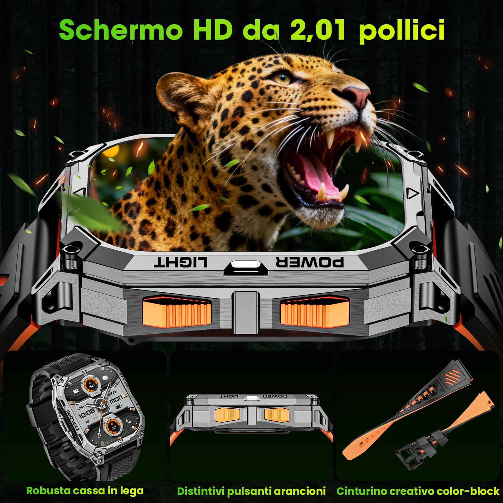 Smartwatch Uomo, 1000mAh(Durata 25 Giorni), 2.01" Orologio Smartwatch Militare con Torcia/Chiamate Bluetooth/Notifiche Messaggi/Frequenza Cardiaca/Sonno/100+ Sportive, Smart Watch per Android iOS