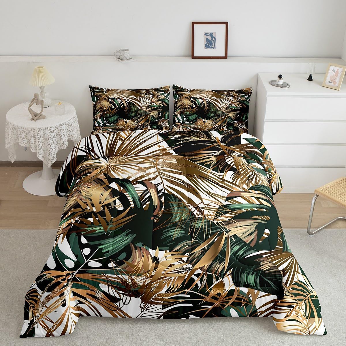 Erosebridal Palm Tree Leaves Comforter King Tropical Botanical Bedding Comforter Sets Hawaiian Monstera Banana Leaf Quilt Duvet Summer Retro Plant Foliage Bedding Gold Green Rainforest Room Decor